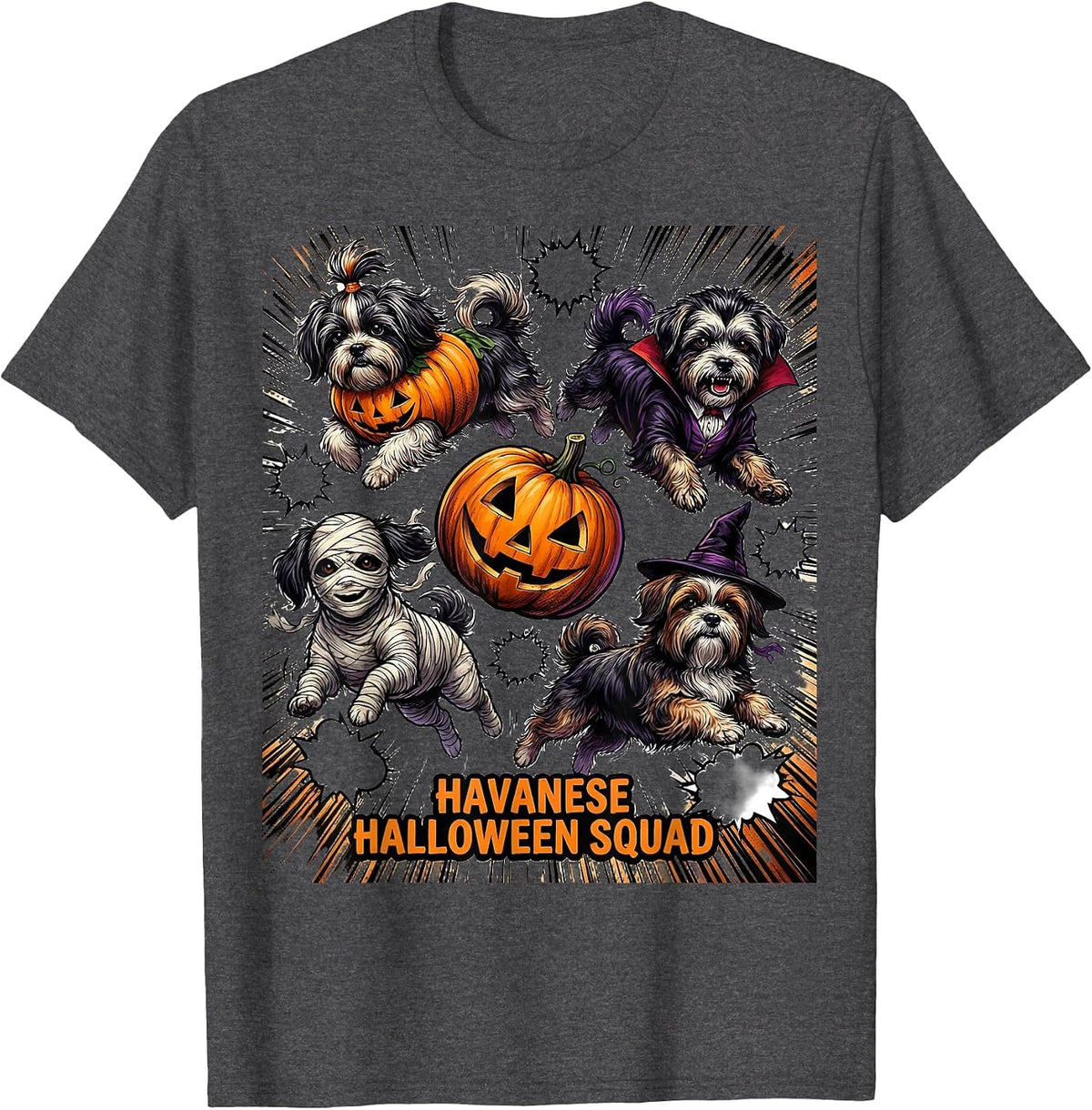 Havanese Halloween Squad Comic Book Dog Breed Costume T-Shirt, Men, Dark Heather Grey, X-Large - As Pictured