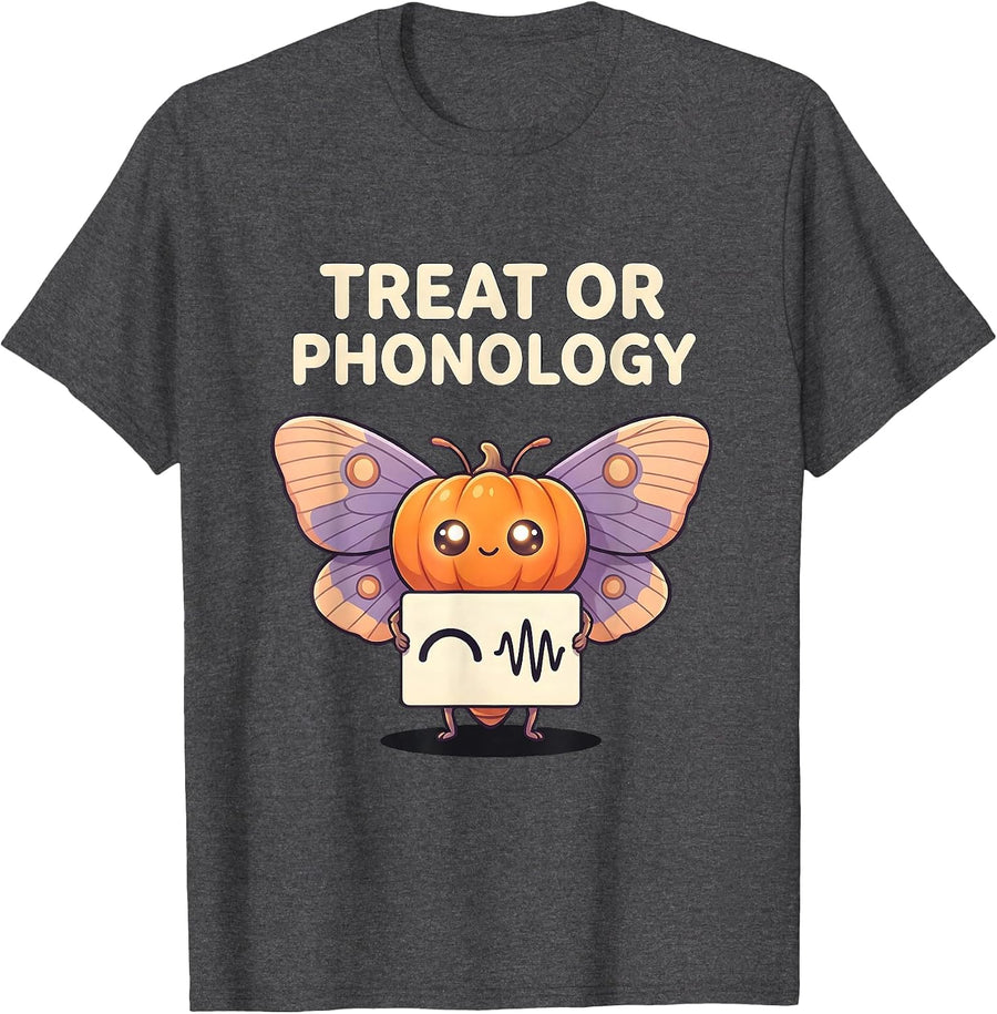 Men's Treat Or Phonology Cute Kawaii Halloween Speech Therapy SLP T-Shirt - Dark Heather Grey