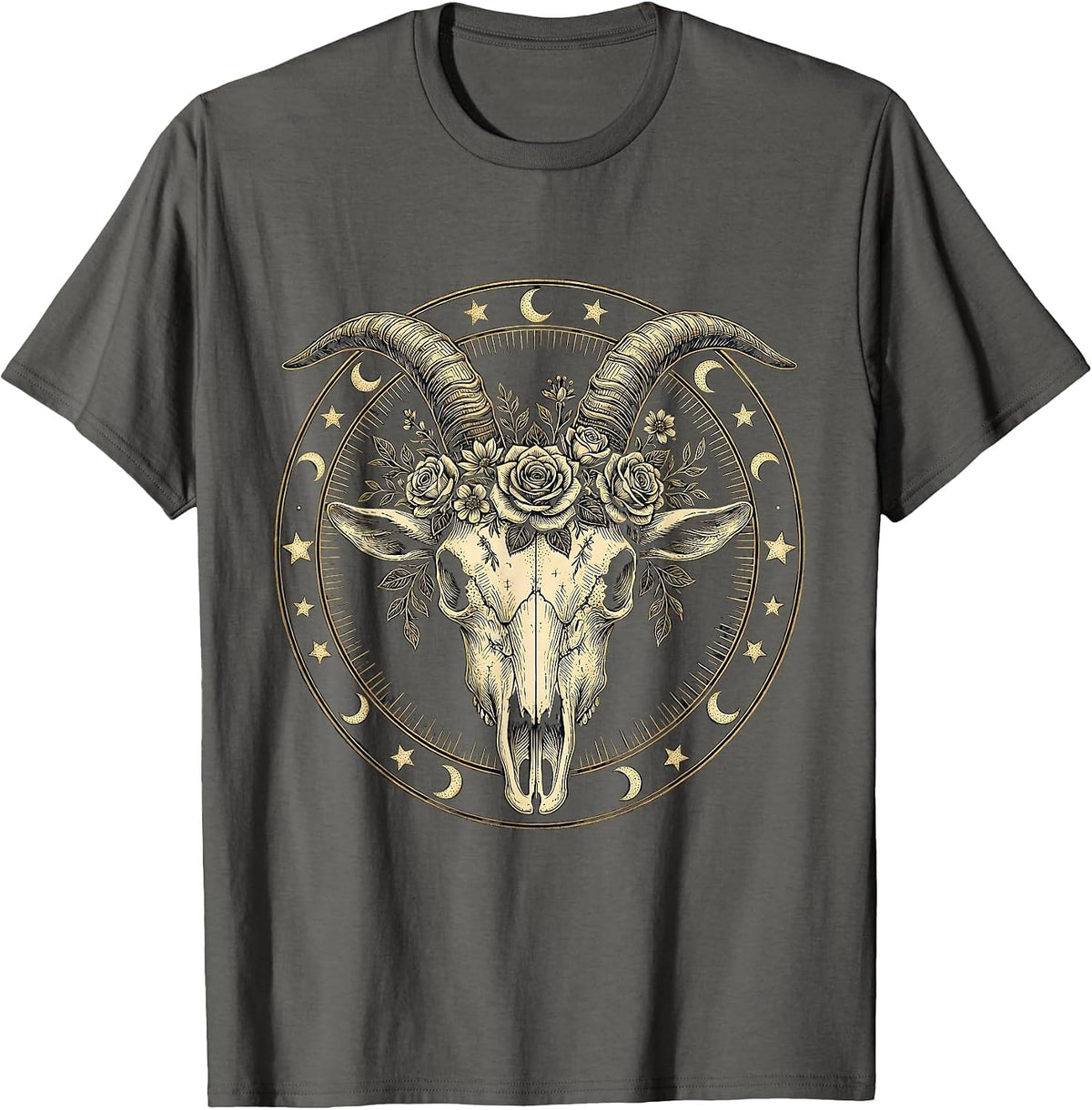 Capricorn Goat Skull Floral Crown Zodiac T-Shirt - Asphalt Grey