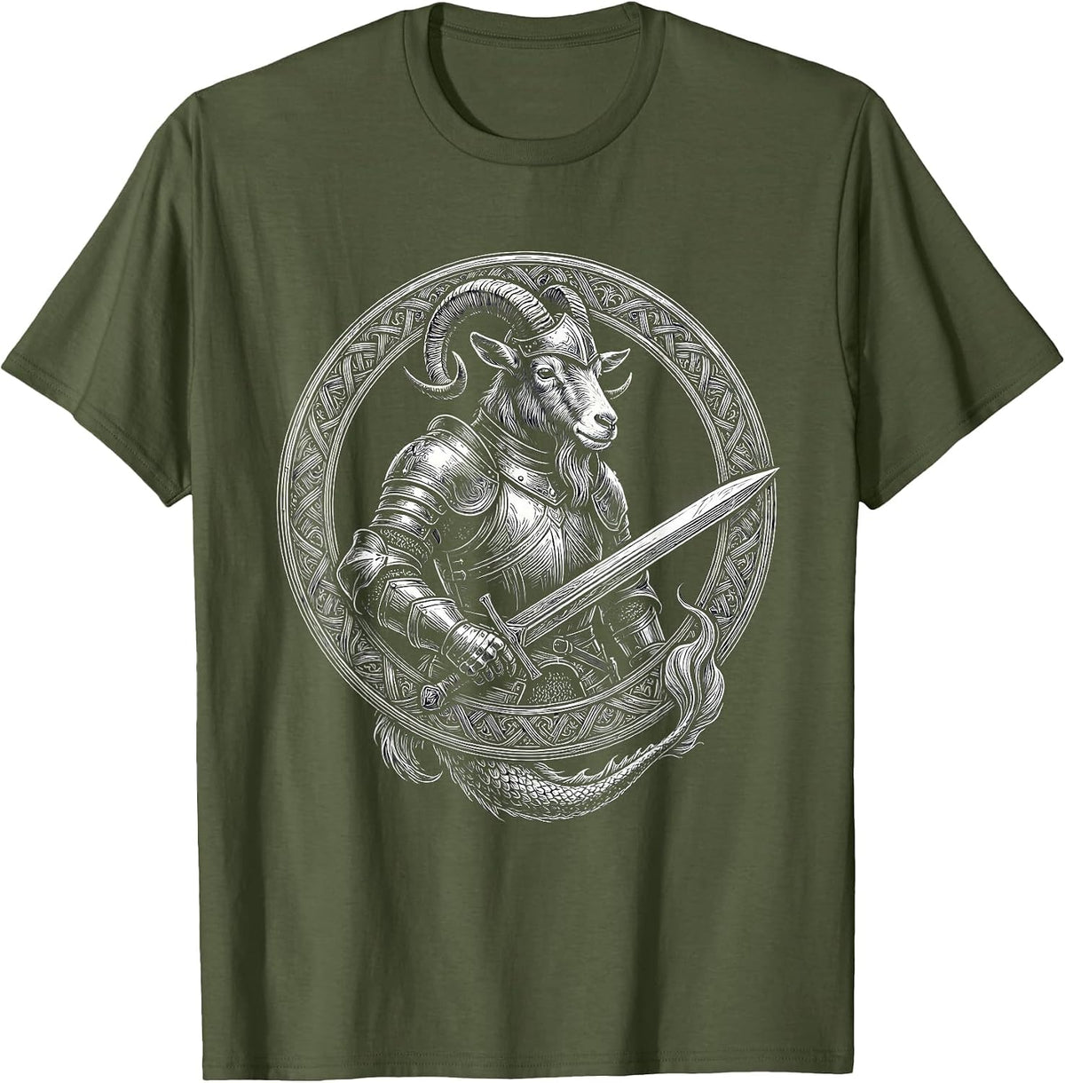 Capricorn Armored Goat Knight Broadsword Zodiac T-Shirt - Olive Green