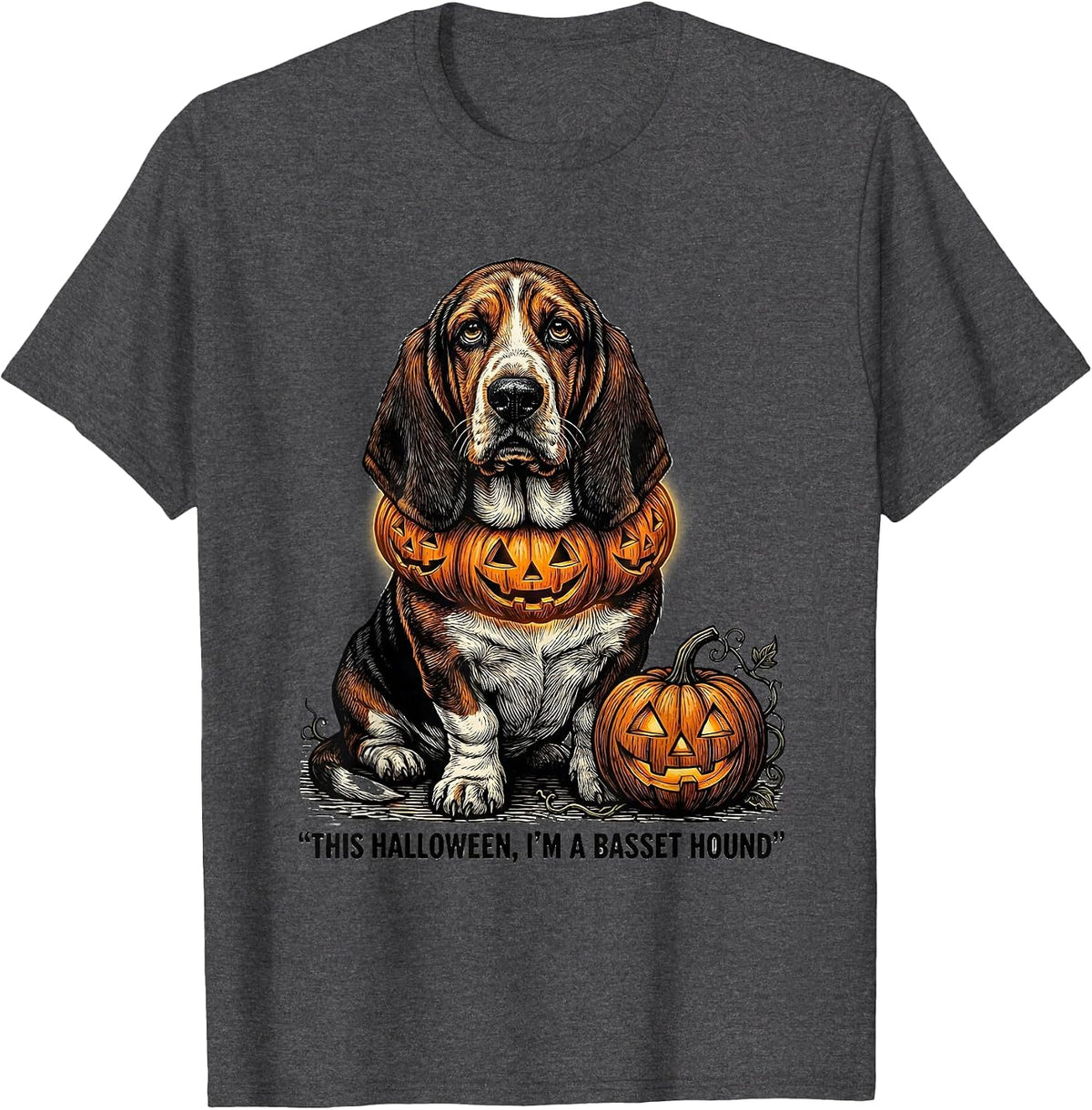 Men's This Halloween, I'm A Basset Hound Cute Dog Breed Halloween T-Shirt - Dark Heather Grey