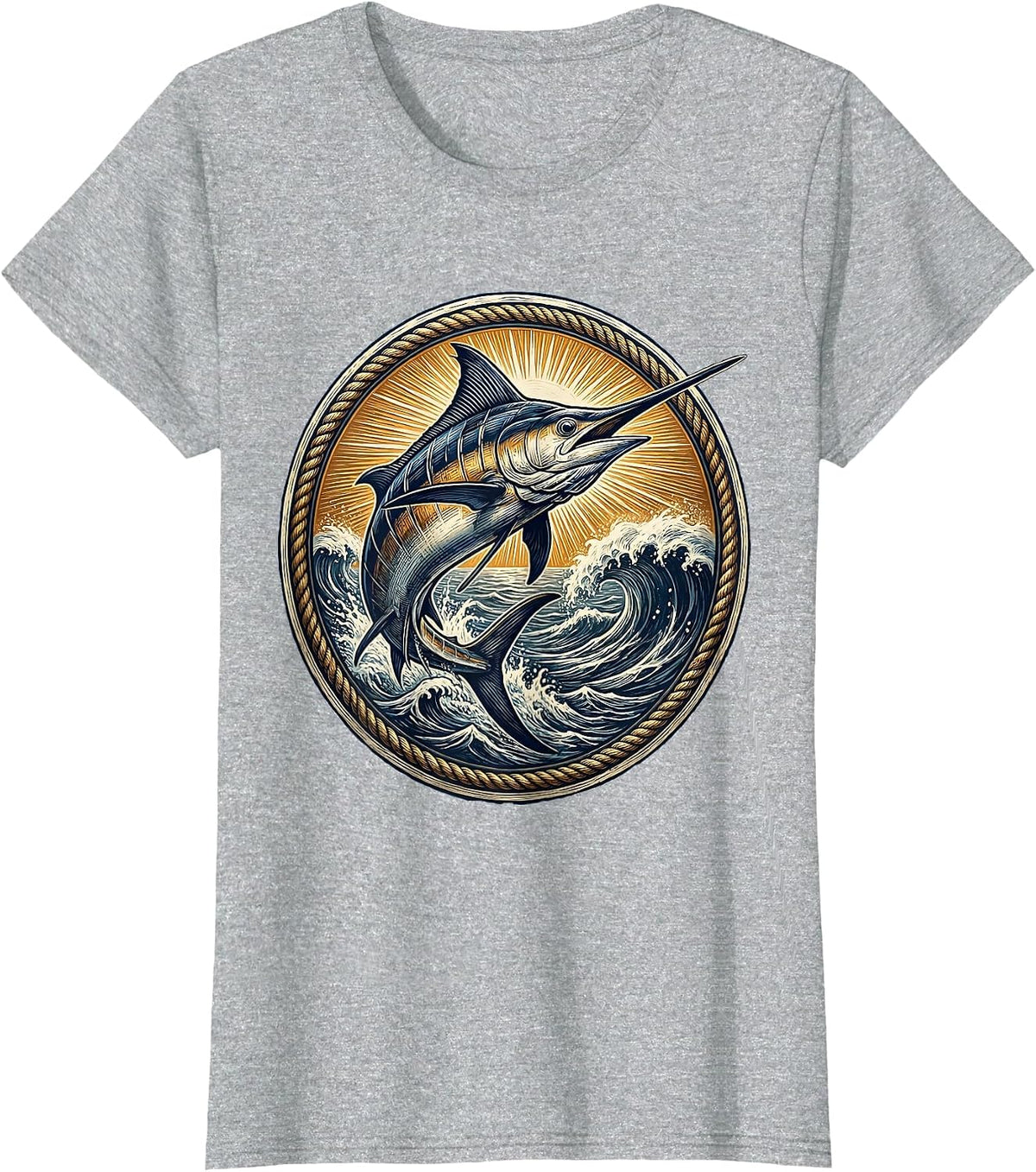 Marlin Leaping Ocean Waves Sunrise Hawaiian Design T-Shirt - Heather Grey