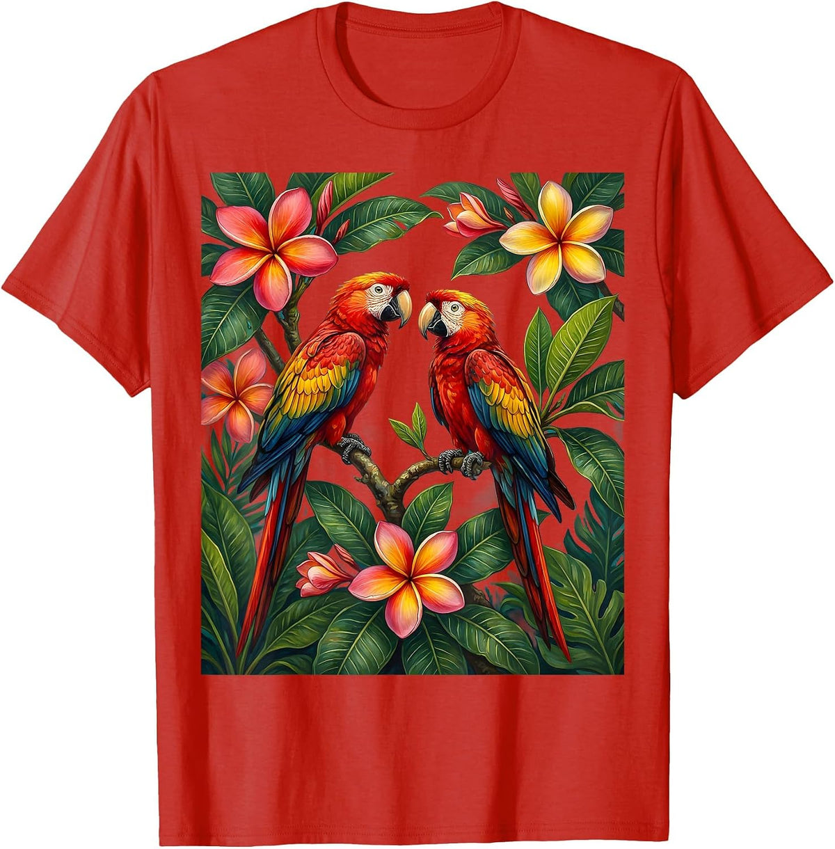 Men's Tropical Parrots Plumeria Hawaiian Floral Design T-Shirt - Red