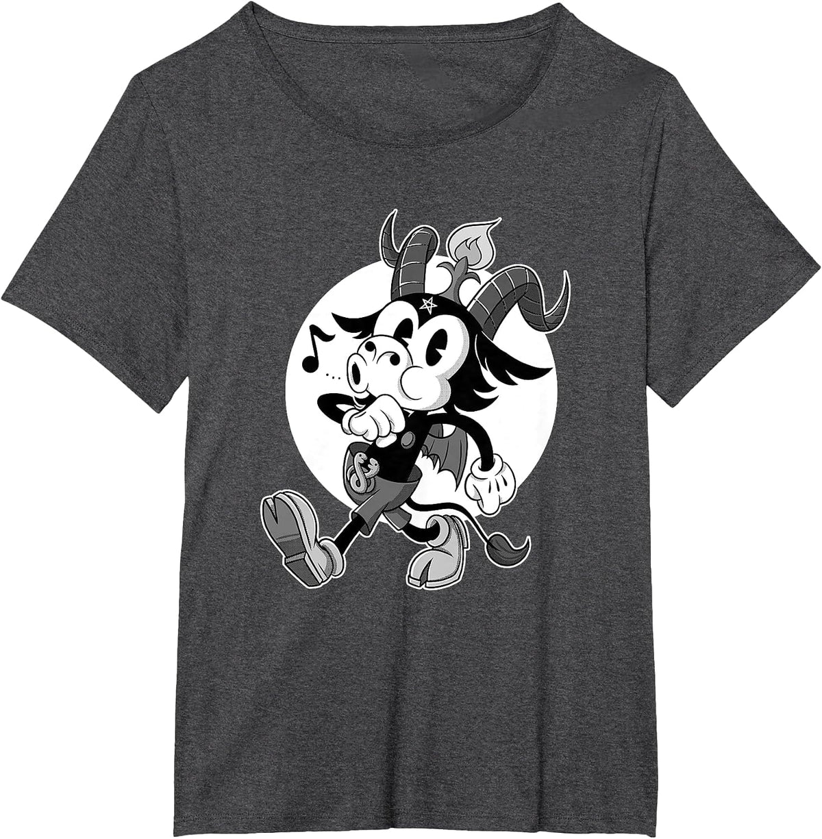 Atheist Satan Baphomet Goat Retro Cartoon Black and White T-Shirt - Dark Heather Grey