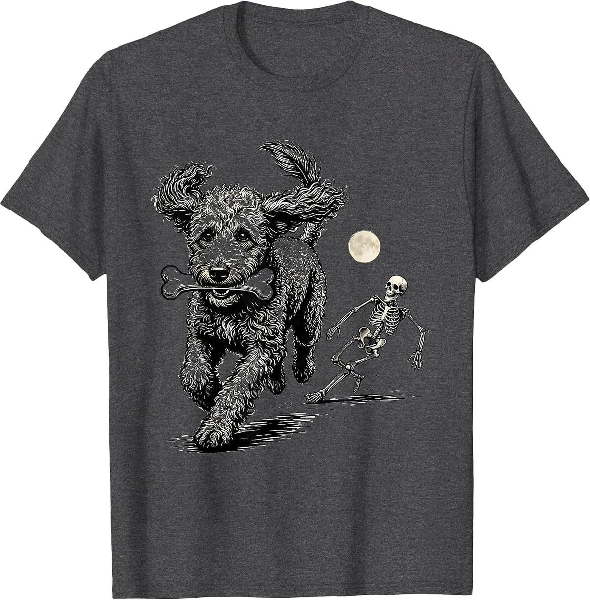 Men's Funny Skeleton Chasing Bernedoodle Halloween Dog Mom T-Shirt - Dark Heather Grey