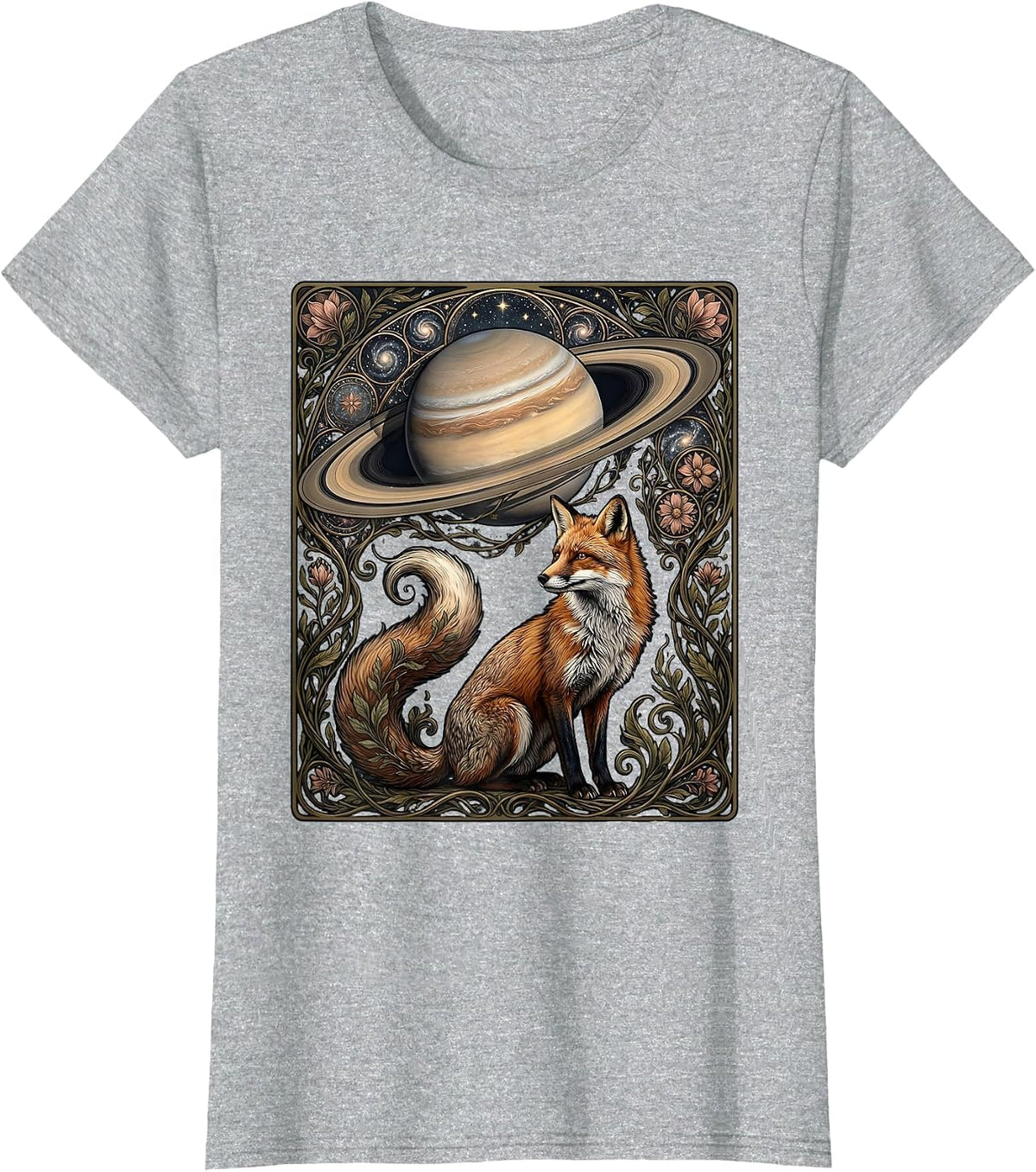 Fox Gazing at Ringed Planet Space Illustration T-Shirt - Heather Grey