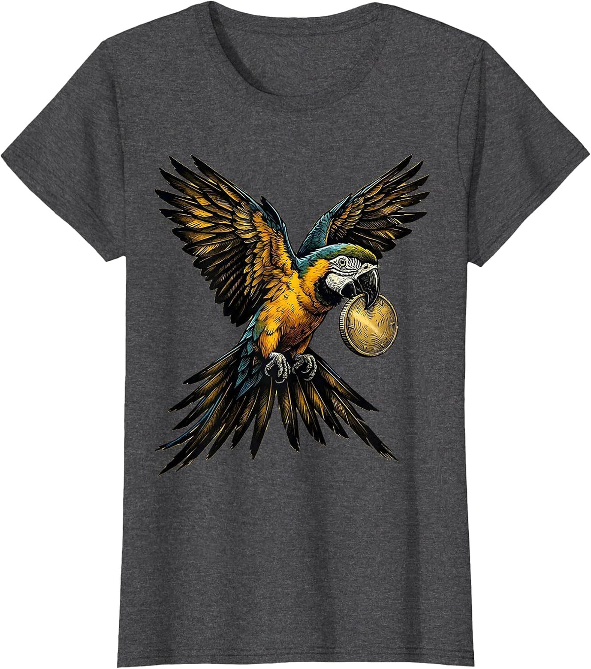 Women's Pirate Parrot Flying with Golden Coin T-Shirt - Dark Heather Grey