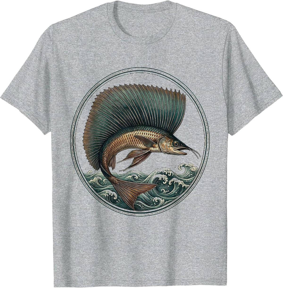 Men's Flying Fish Soaring Over Ocean Waves Graphic T-Shirt - Heather Grey