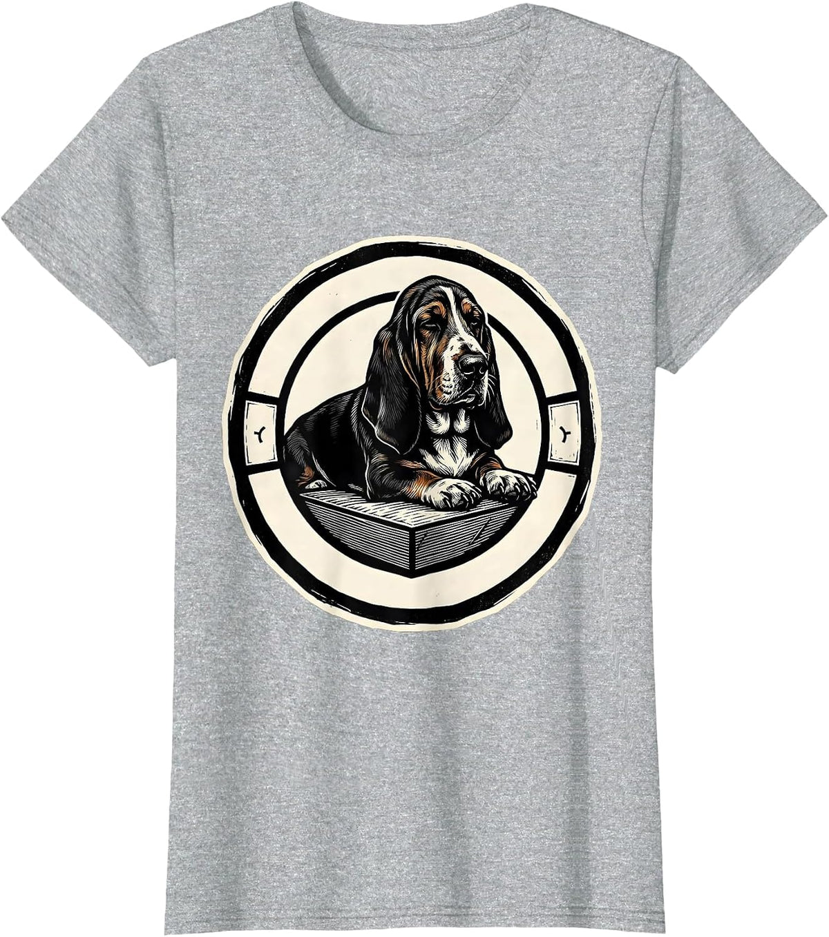 Women's Sleeping Basset Hound Linocut Animal Lover Pajama Humor T-Shirt - Heather Grey