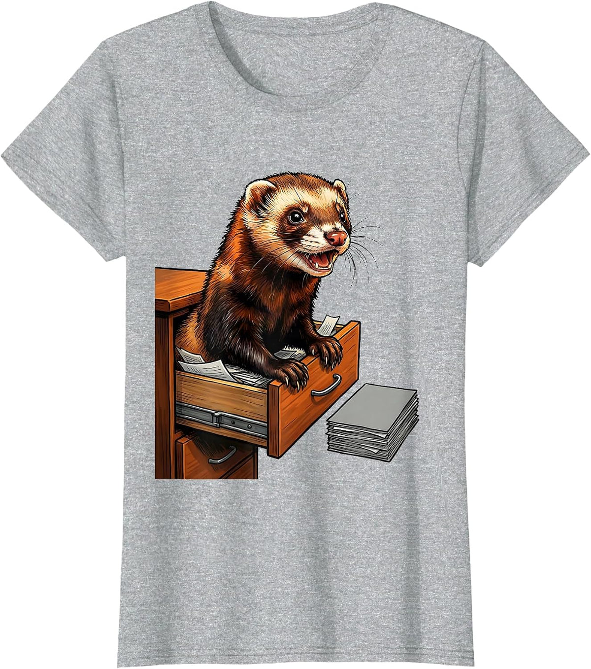 Women's Ferret In Desk Drawer Funny Ferret Lover Gift T-Shirt - Heather Grey