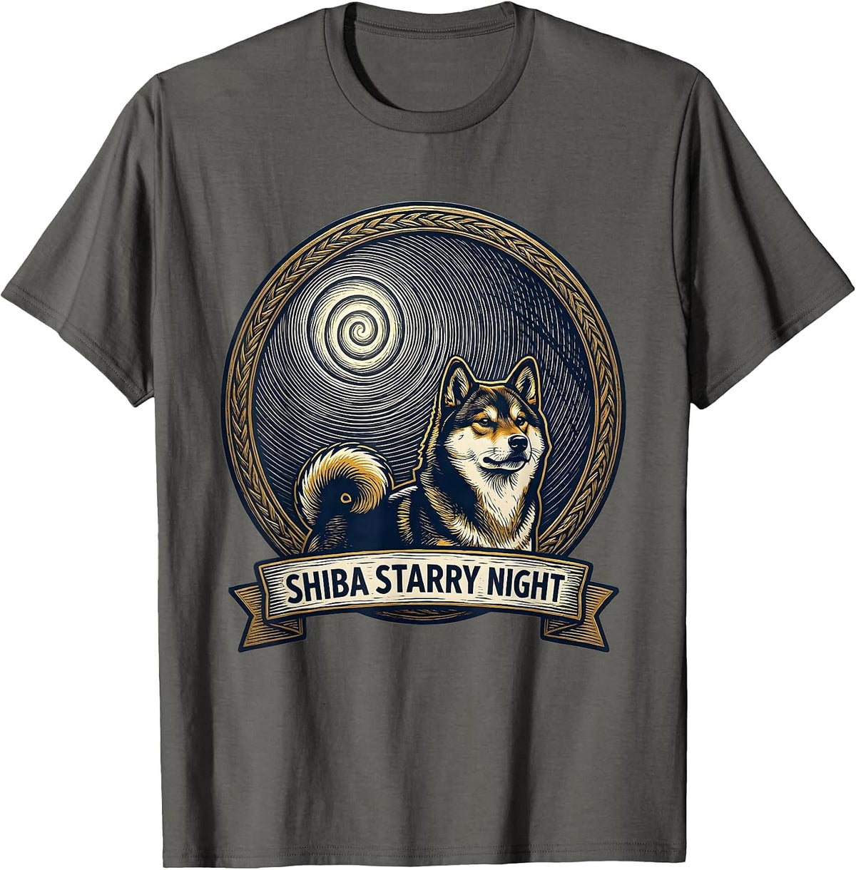 Men's Shiba Starry Night Woodcut Engraving Pet Lover Funny Van T-Shirt - Asphalt Grey