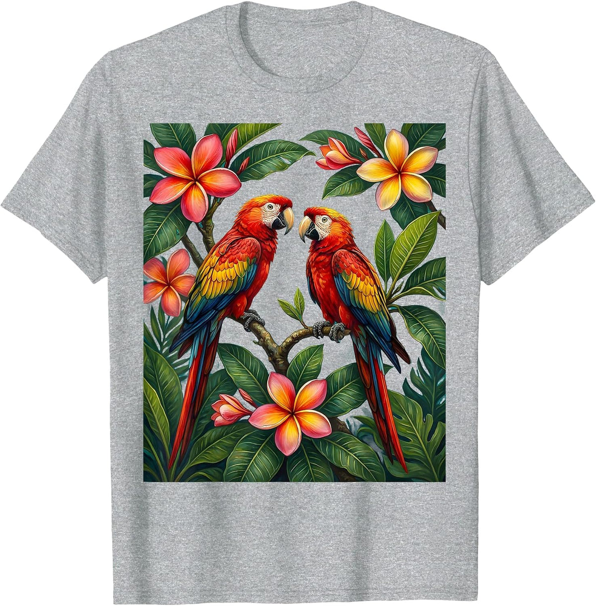 Men's Tropical Parrots Plumeria Hawaiian Floral Design T-Shirt - Heather Grey
