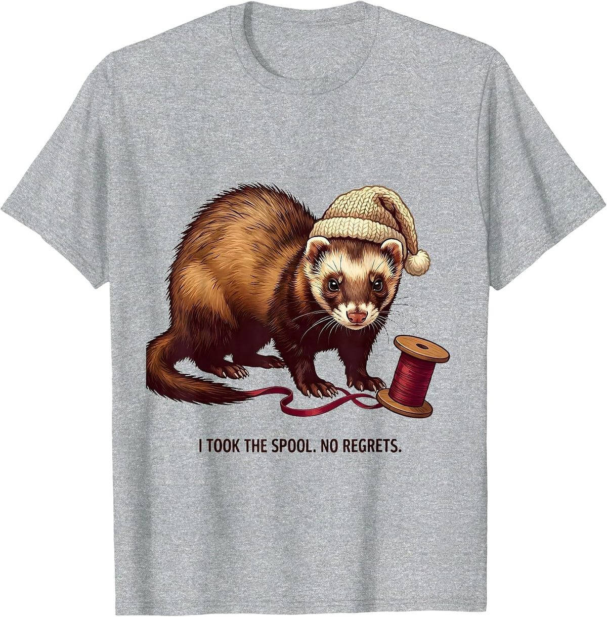 Men's I Took The Spool No Regrets Funny Ferret Lover Christmas T-Shirt - Heather Grey