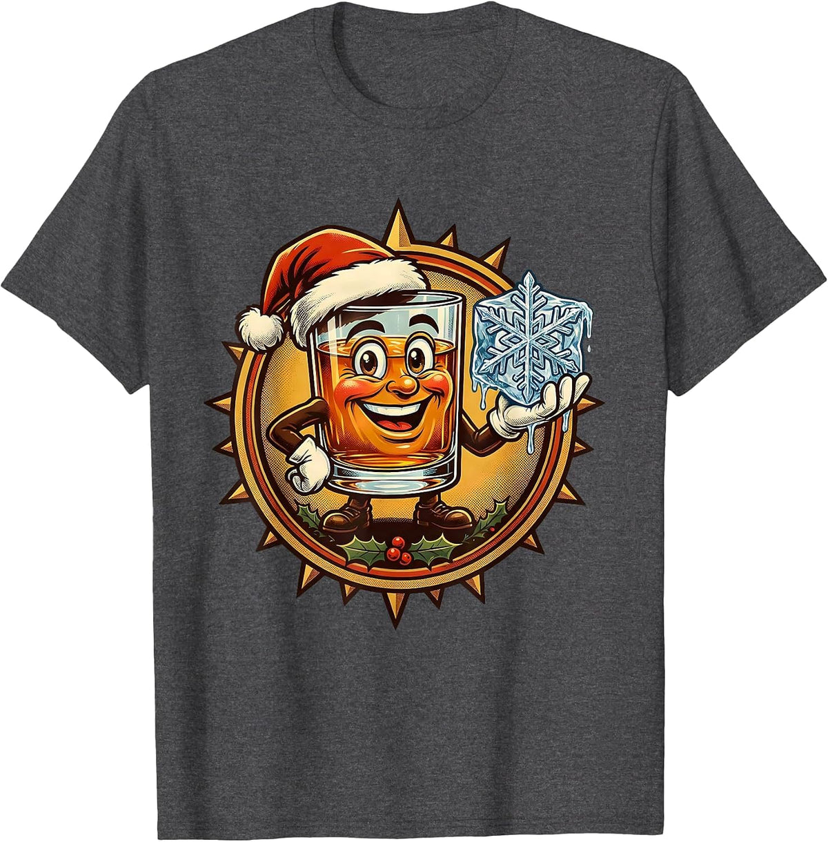 Men's Christmas Whiskey Glass Melting Snowflake Ice Cube T-Shirt - Dark Heather Grey