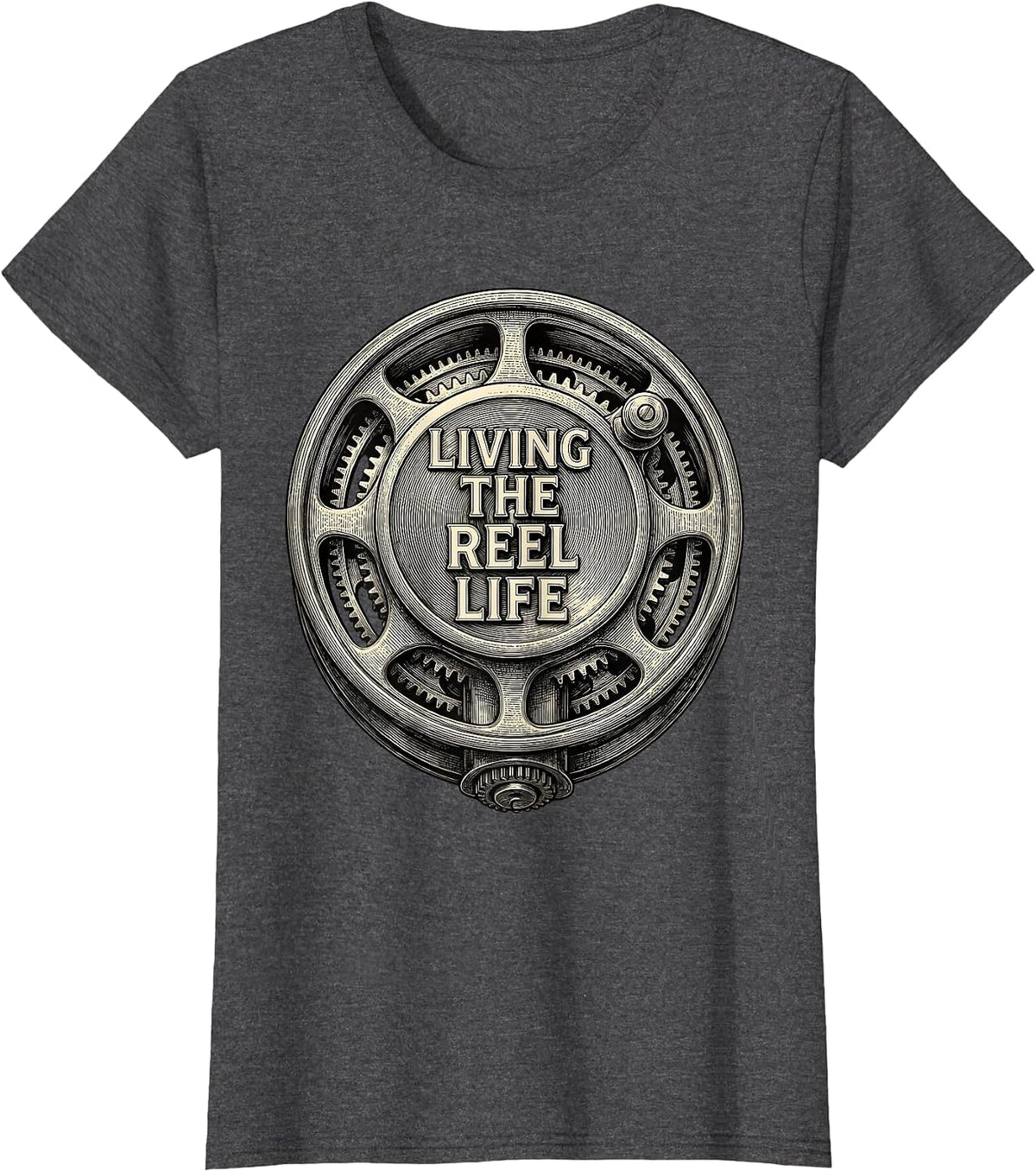 Women's Living the Reel Life Funny Fishing Design T-Shirt - Dark Heather Grey
