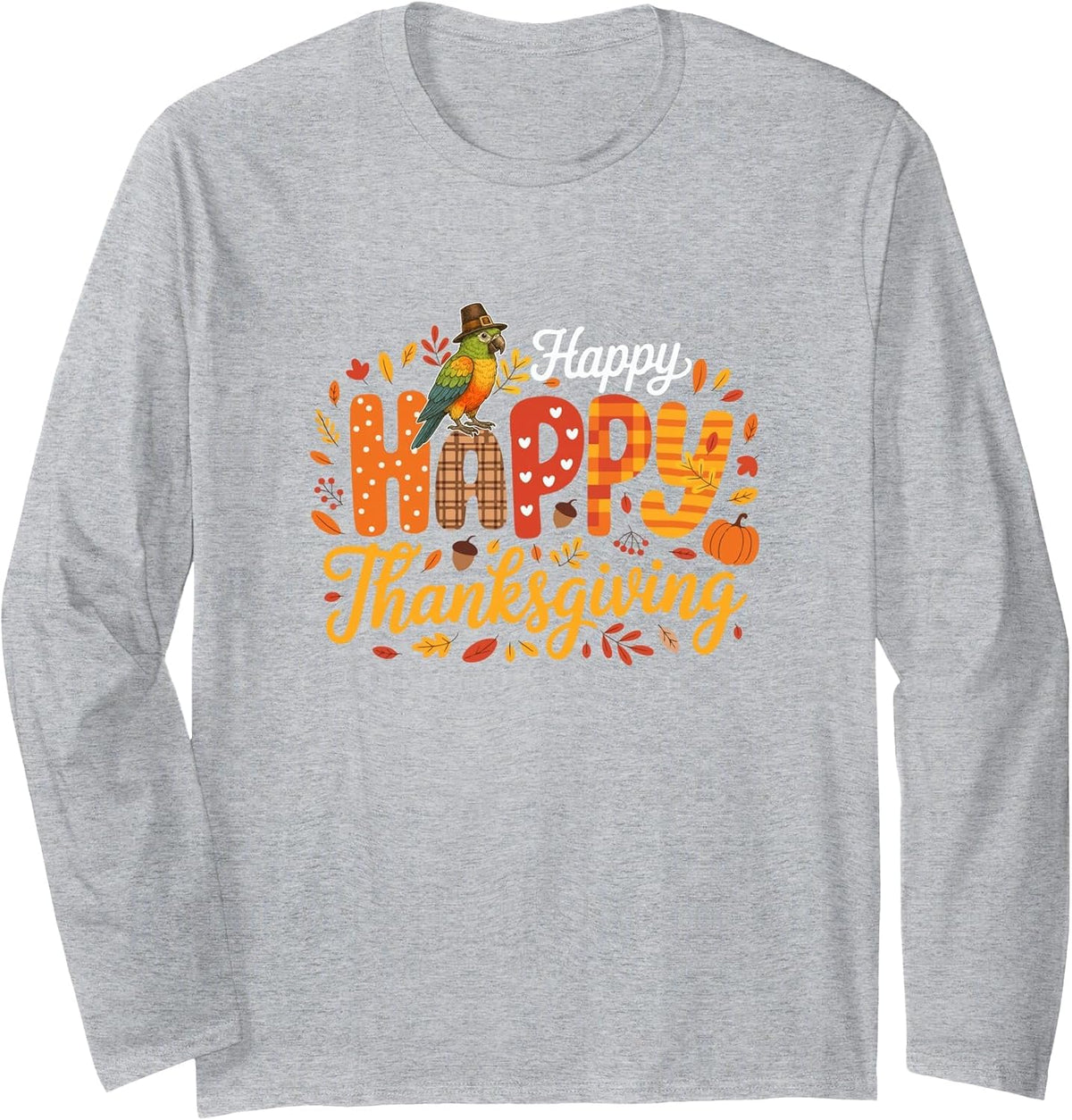 Happy Thanksgiving Colorful Fall Leaves Parrot Pilgrim Long Sleeve T-Shirt - Adult Unisex Heather Grey
