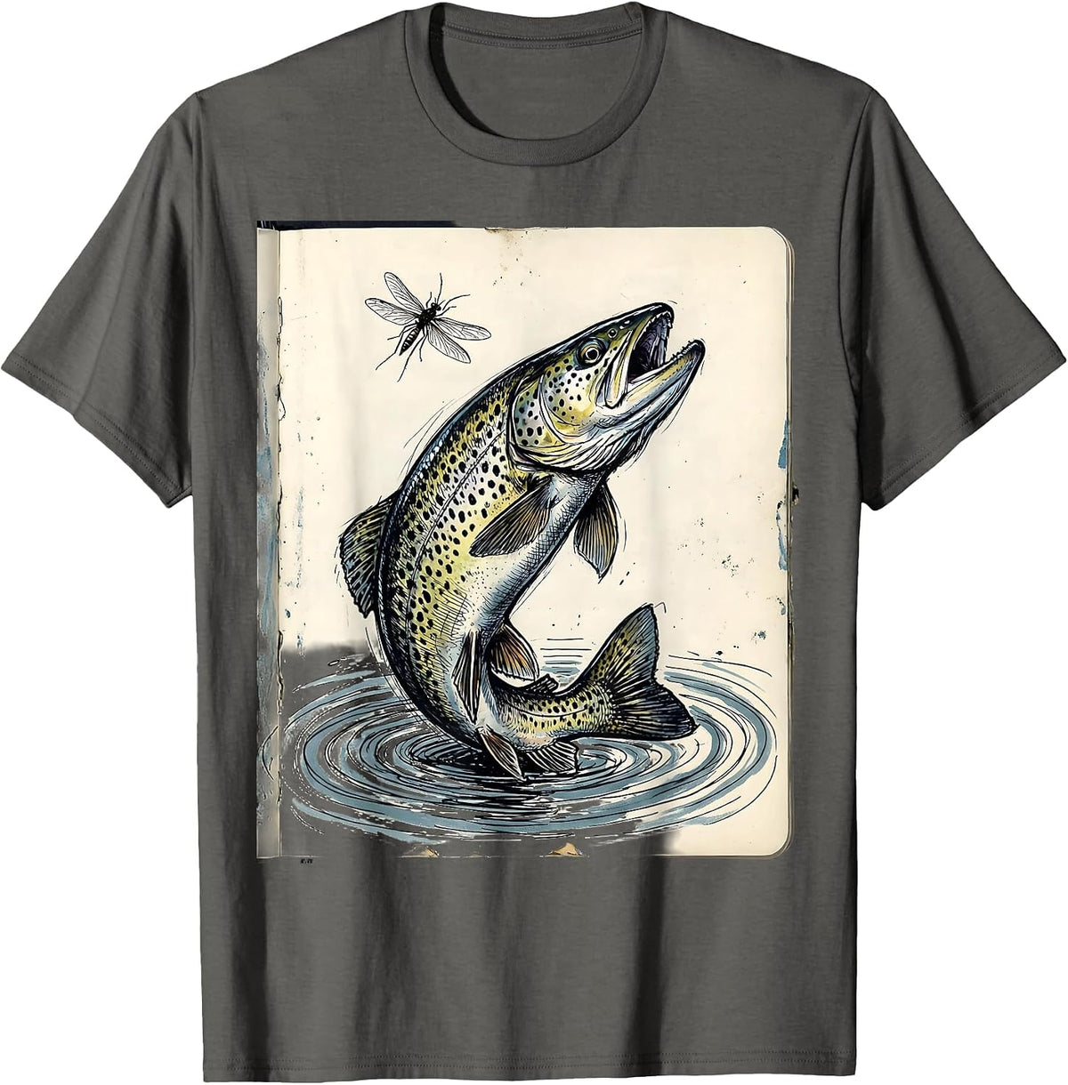 Trout Rising to Mayfly Fishing Illustration T-Shirt - Asphalt Grey