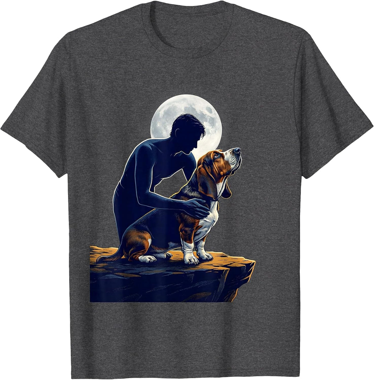 Basset Hound Howling at the Moon Vintage Mystical Dog Art T-Shirt - Dark Heather Grey