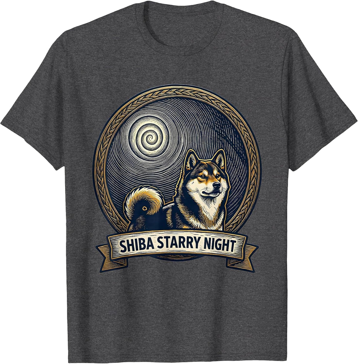Men's Shiba Starry Night Woodcut Engraving Pet Lover Funny Van T-Shirt - Dark Heather Grey