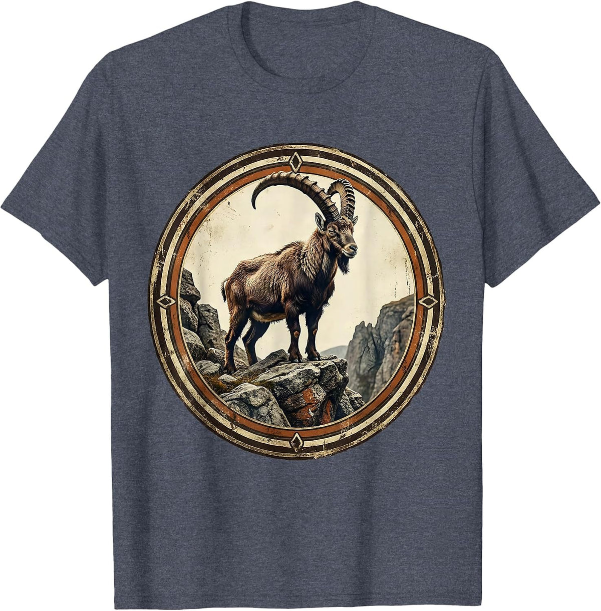 Mountain Goat Rocky Cliff Wilderness Illustration T-Shirt - Heather Blue