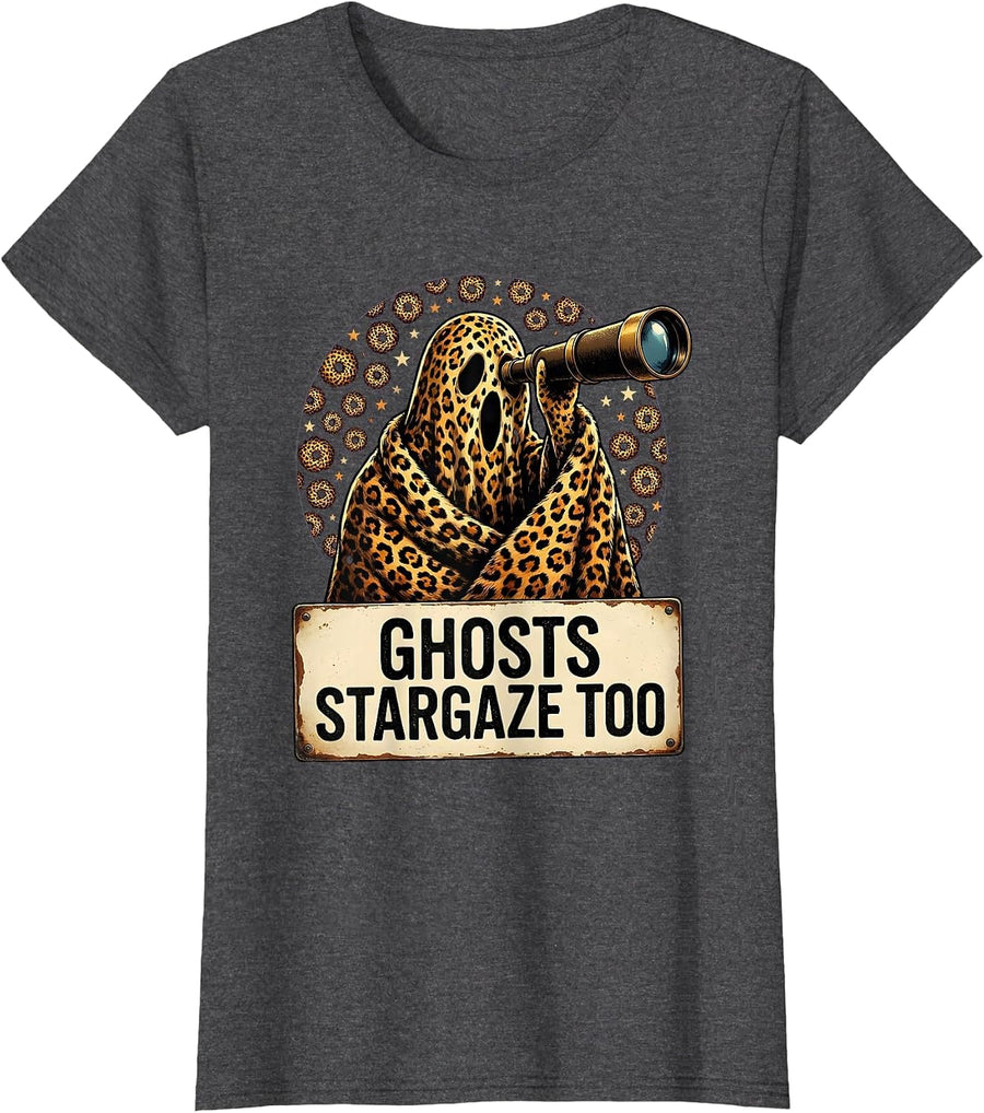 Women's Ghosts Stargaze Too Halloween Telescope Design T-Shirt - Dark Heather Grey