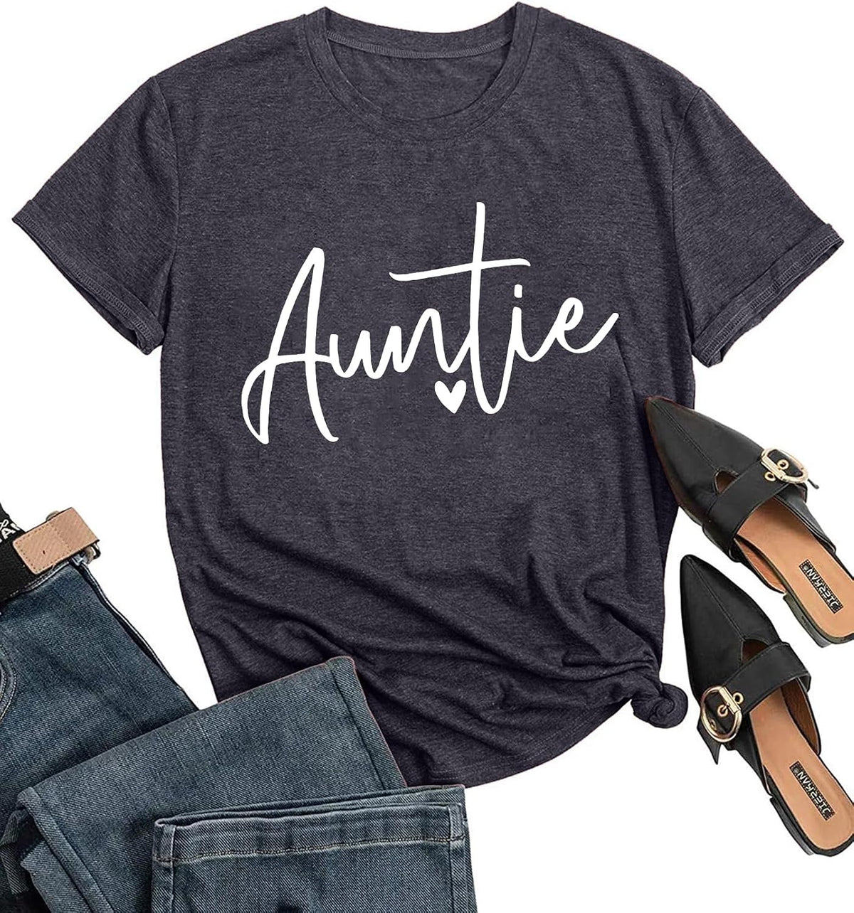 Auntie Shirts for Women Funny Letter Print Short Sleeve Aunt Gift Casual Loose Crew Neck Funny Graphic Tee Tops - 15 Darkgrey