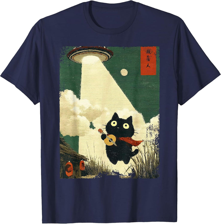 Funny Japanese Cat Abduction Alien UFO Guitar Ukulele Music T-Shirt - Navy Blue