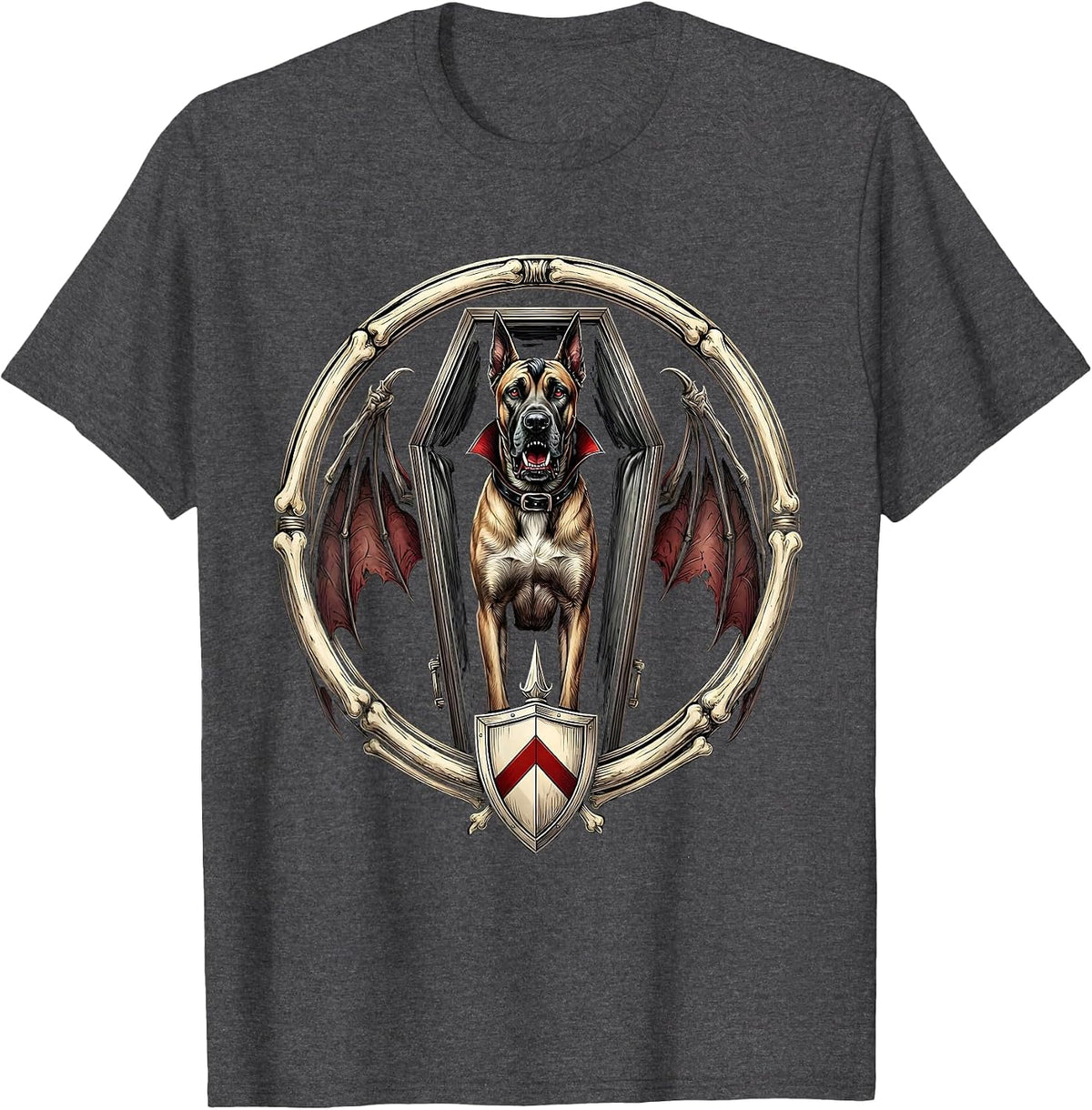 Great Dane Dracula Halloween Dog Coffin Design T-Shirt - Dark Heather Grey