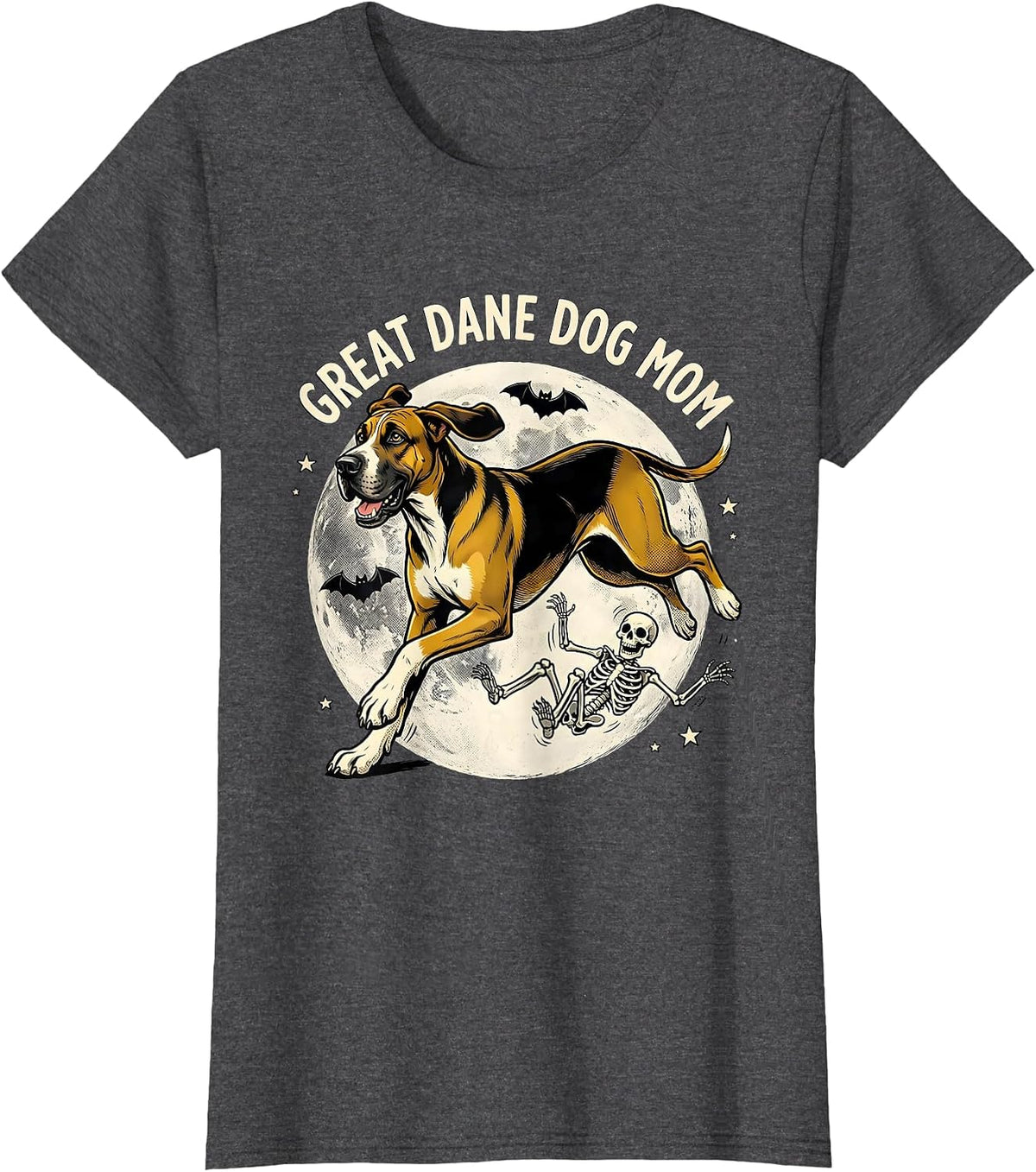 Women's Great Dane Dog Mom Funny Skeleton Chasing Halloween Dog Mom T-Shirt - Dark Heather Grey