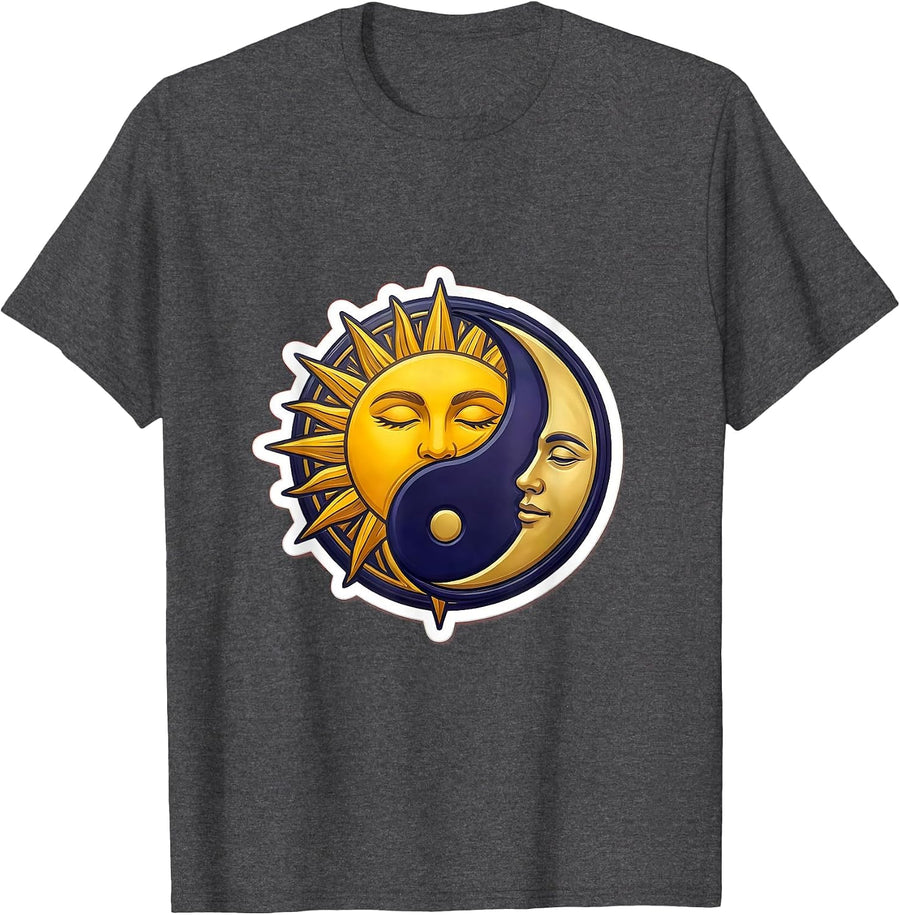 Men's Sun and Moon Faces Matching Couples Design T-Shirt - Dark Heather Grey