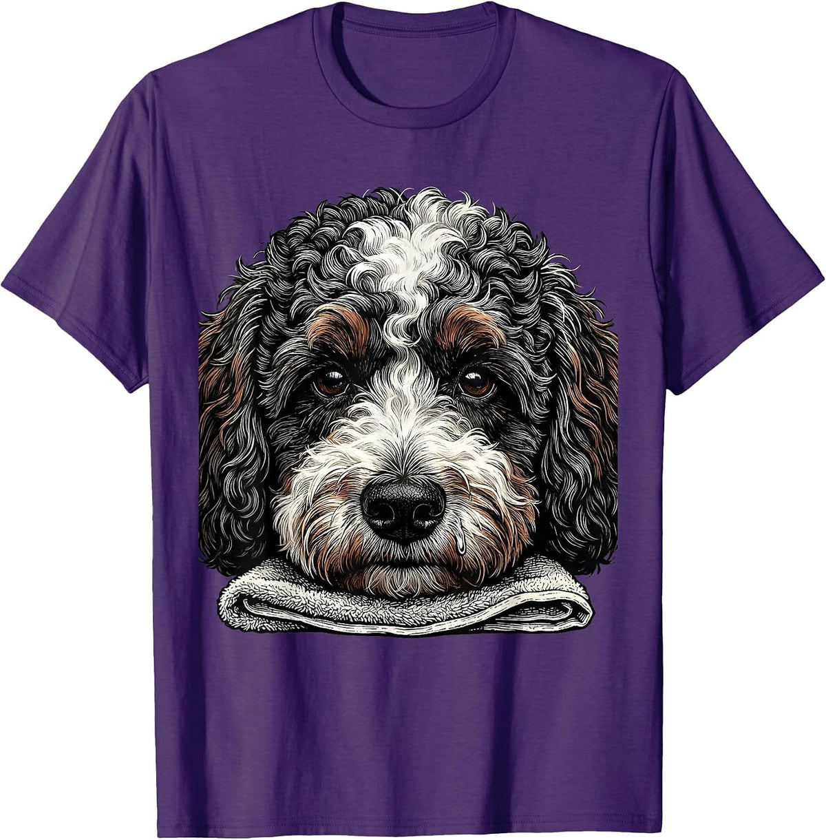 Men's Bernedoodle Tightly Cropped Woodcut Engraving Dog Lover T-Shirt - Purple