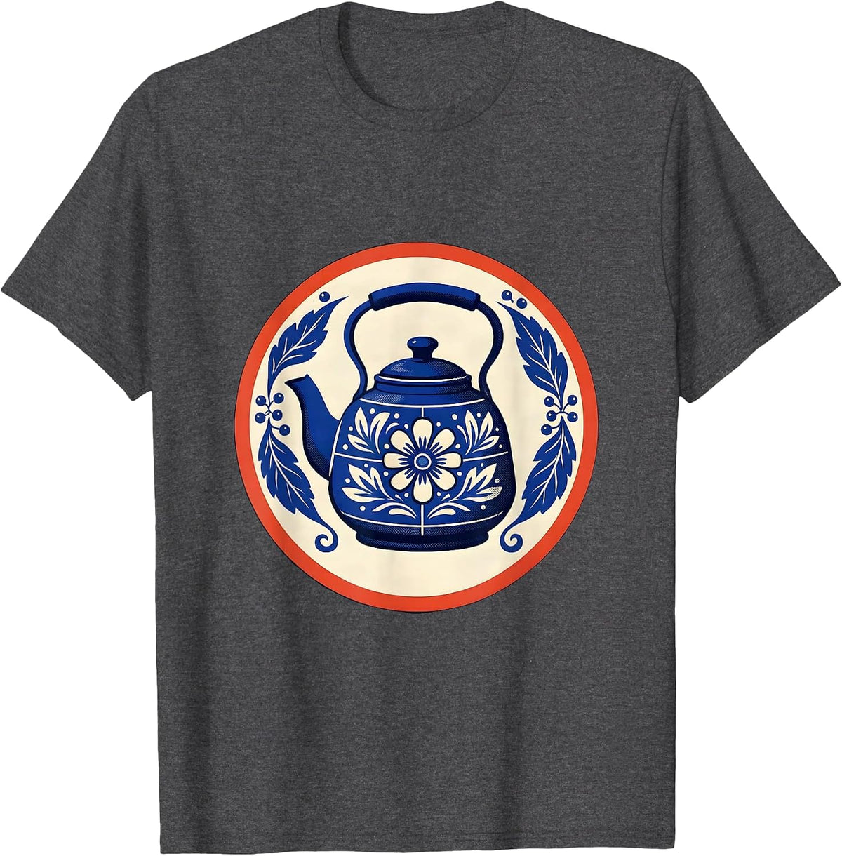 Sealed Gzhel Enamel Kettle Folk Art Badge Retro T-Shirt - Dark Heather Grey