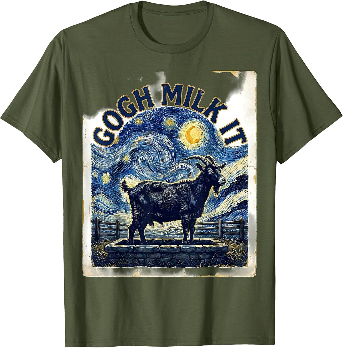 Men's Gogh Milk It Vintage Funny Cat Lover Art Parody T-Shirt - Olive Green