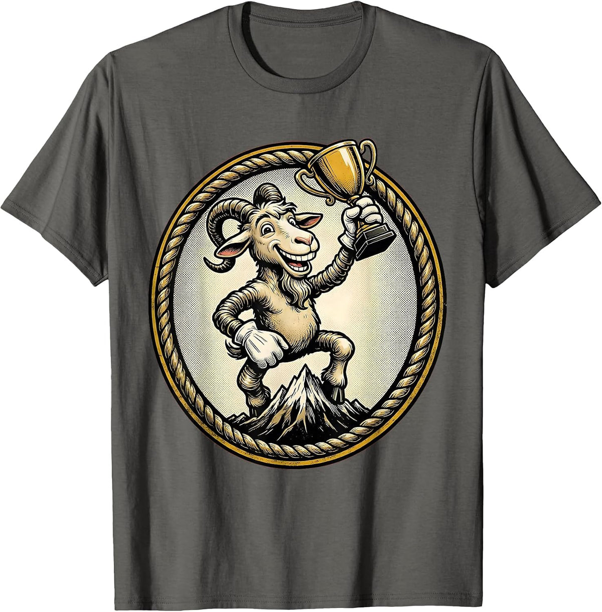 Men's Goat on Mountain Peak Holding Trophy Illustration T-Shirt - Asphalt Grey