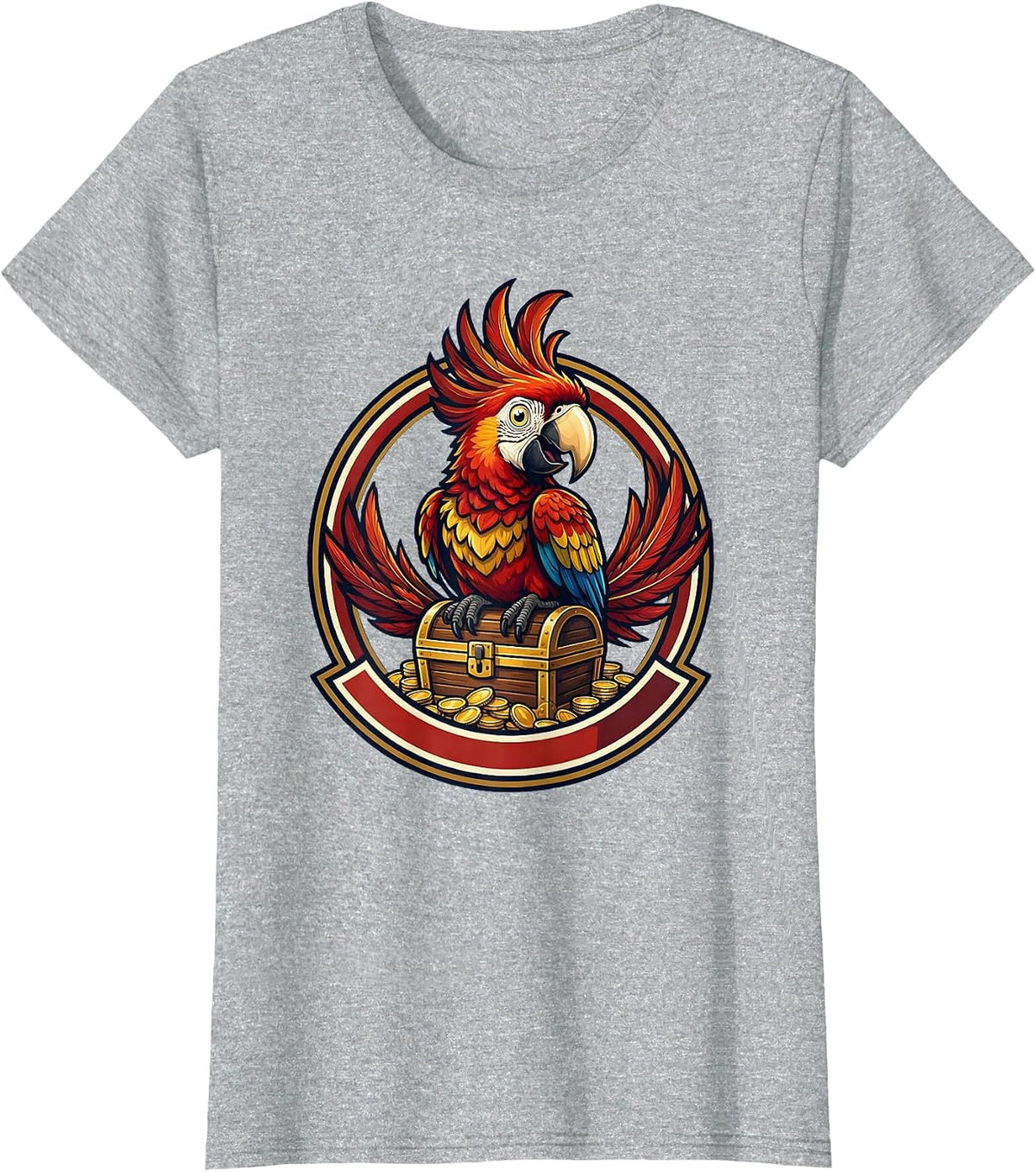 Women's Pirate Parrot on Treasure Chest Graphic Tee T-Shirt - Heather Grey