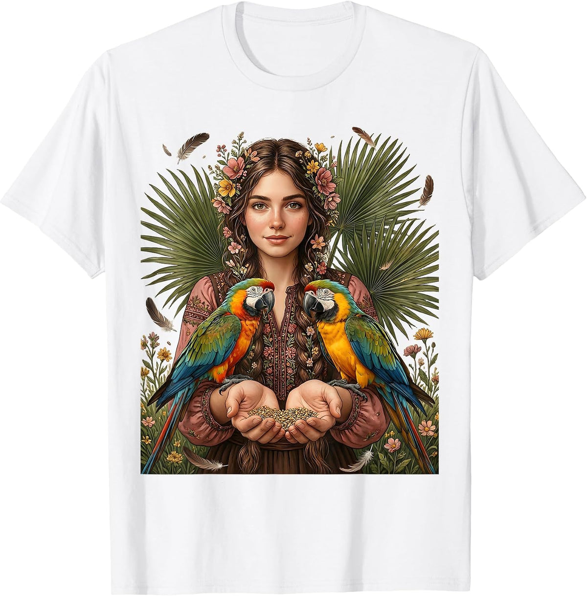 Men's Mexican Girl With Braids Feeding Colorful Parrots T-Shirt - White