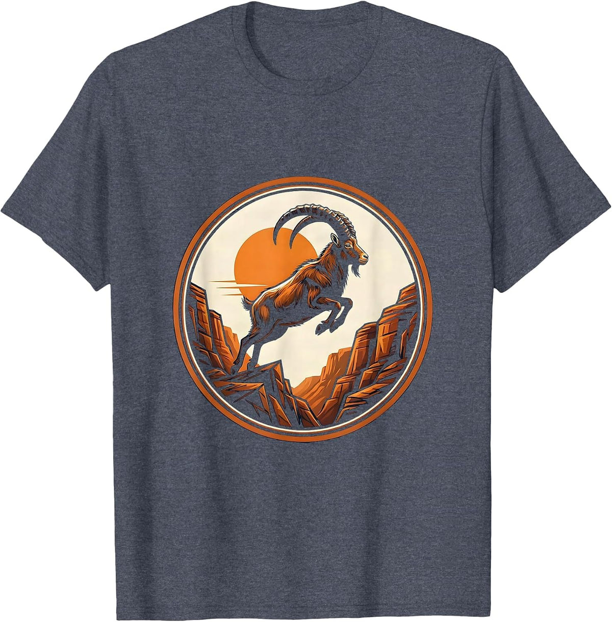 Goat Mid-Leap Over Rocky Canyon Graphic T-Shirt - Heather Blue