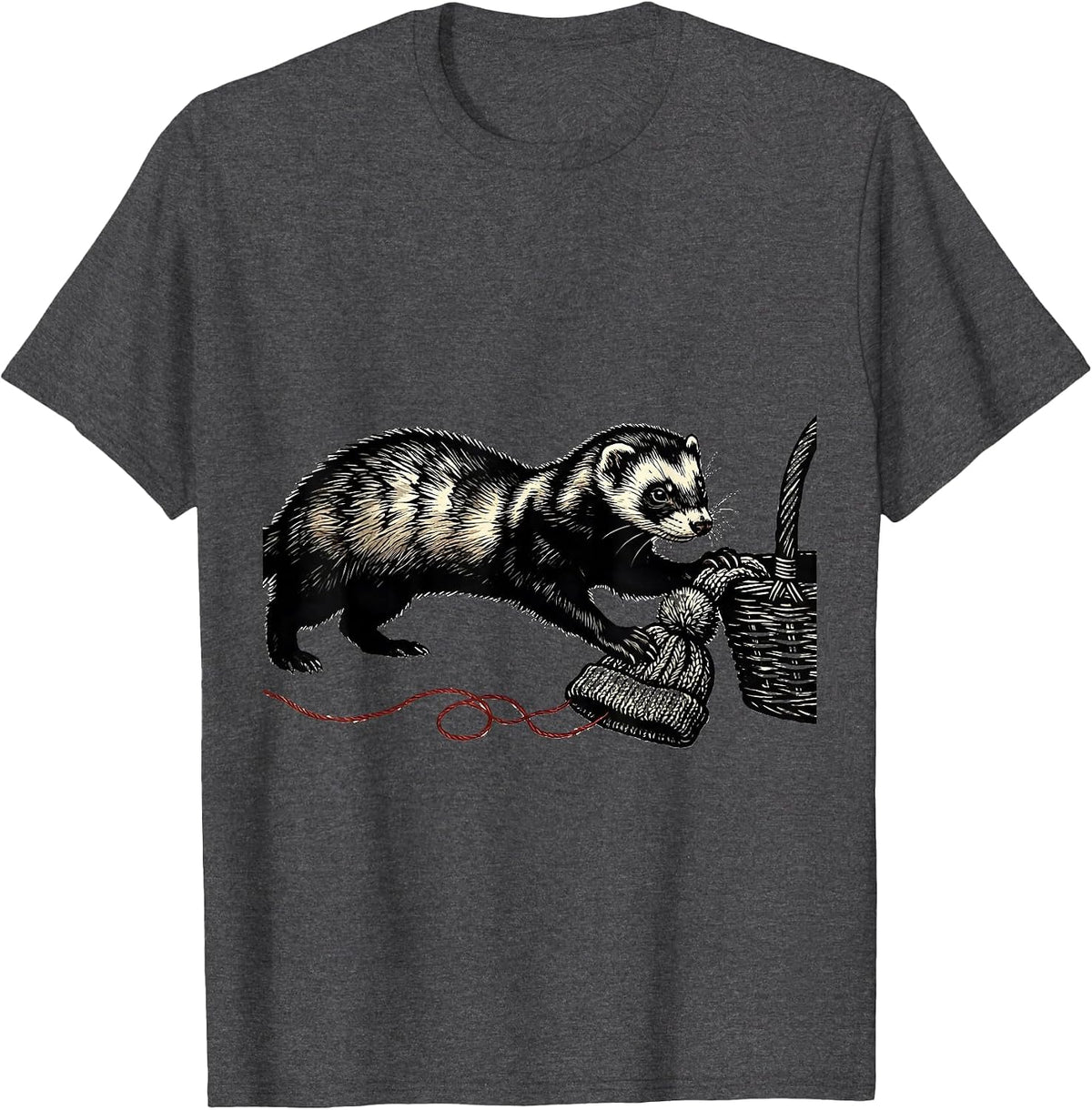 Ferret Steals Hat Linocut Funny Ferret Lover Gift T-Shirt - Dark Heather Grey