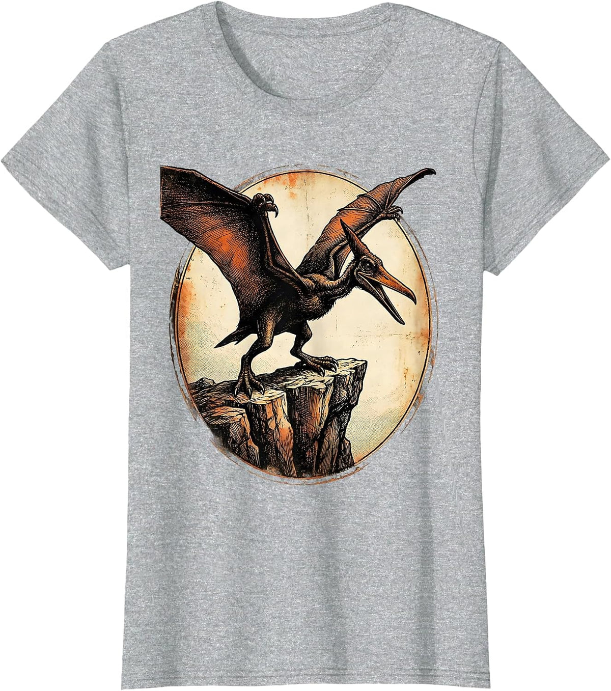 Women's Pterodactyl Cliff Perch Prehistoric Dinosaur Design T-Shirt - Heather Grey