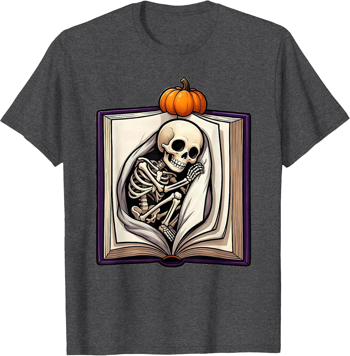 Men's Cheerful Skeleton Bookworm Cartoon Reader Halloween T-Shirt - Dark Heather Grey