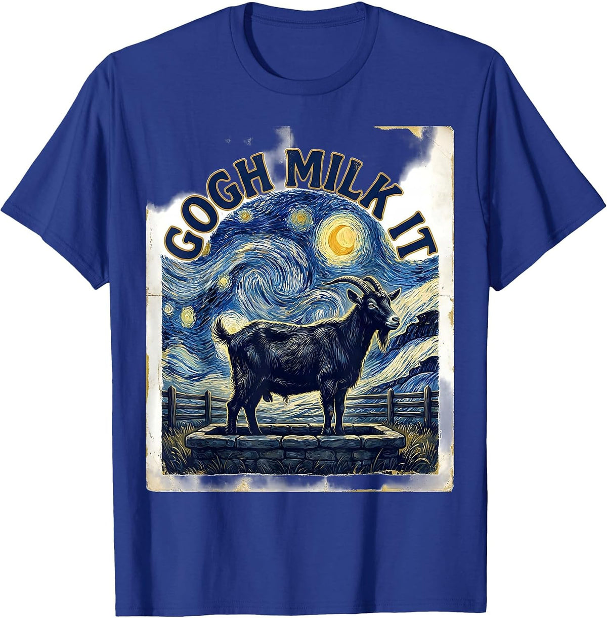 Men's Gogh Milk It Vintage Funny Cat Lover Art Parody T-Shirt - Royal Blue
