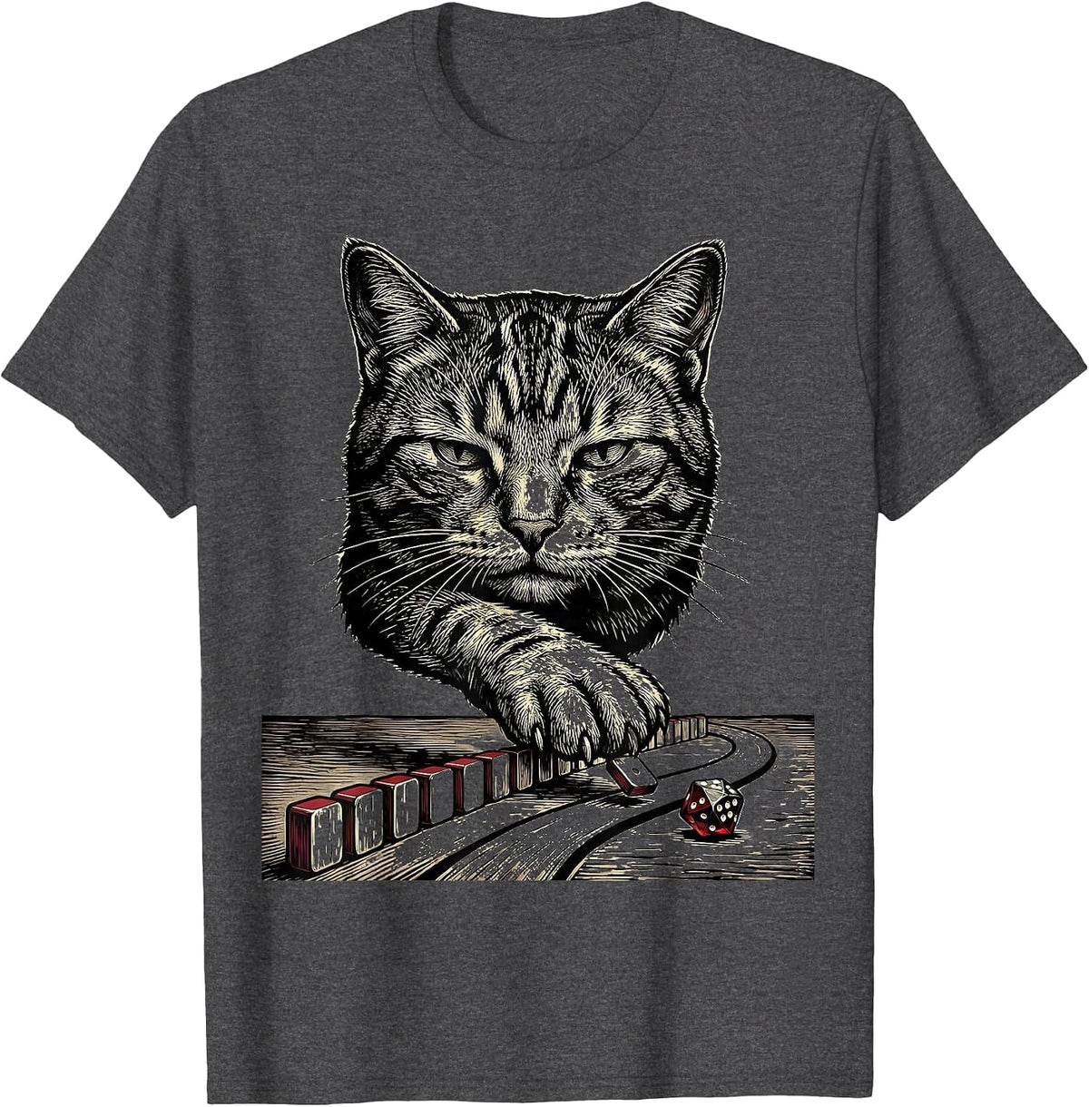 Cat Side Quest Woodcut Engraving RPG Gamer Gift T-Shirt - Dark Heather Grey