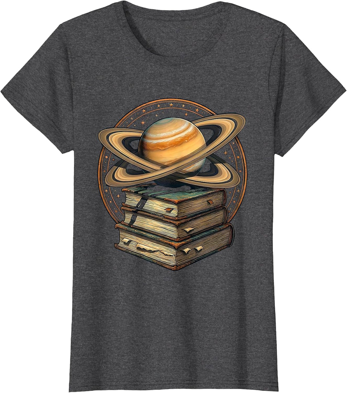 Women's Science Teacher Saturn Stacked Textbooks Graphic T-Shirt - Dark Heather Grey