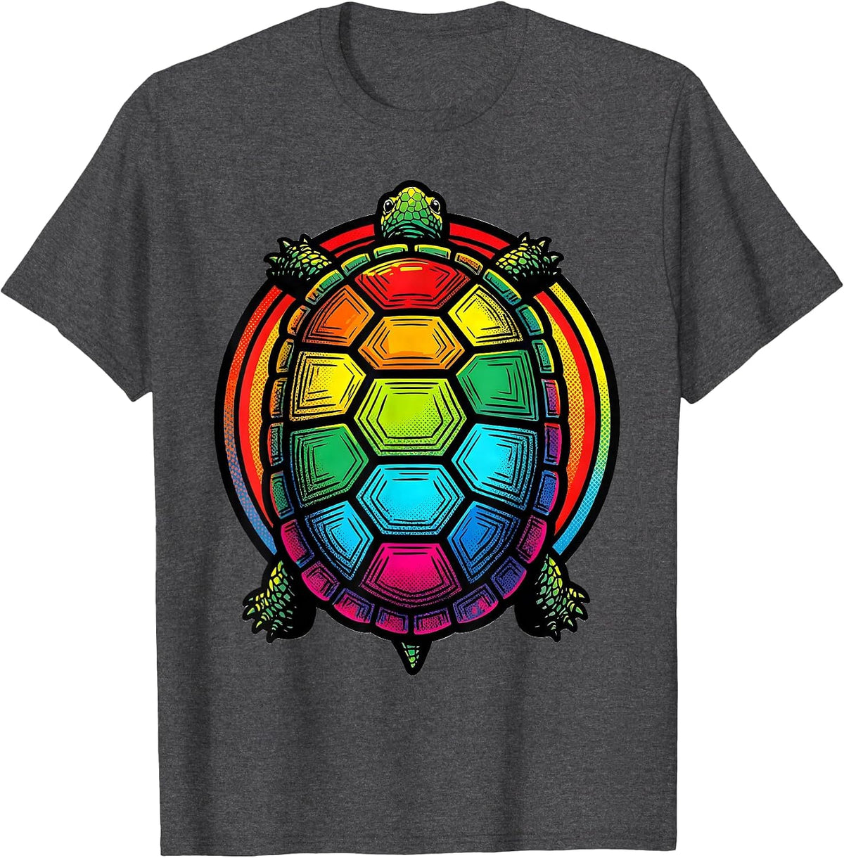 Rainbow Mosaic Turtle Shell Graphic Tee T-Shirt - Dark Heather Grey