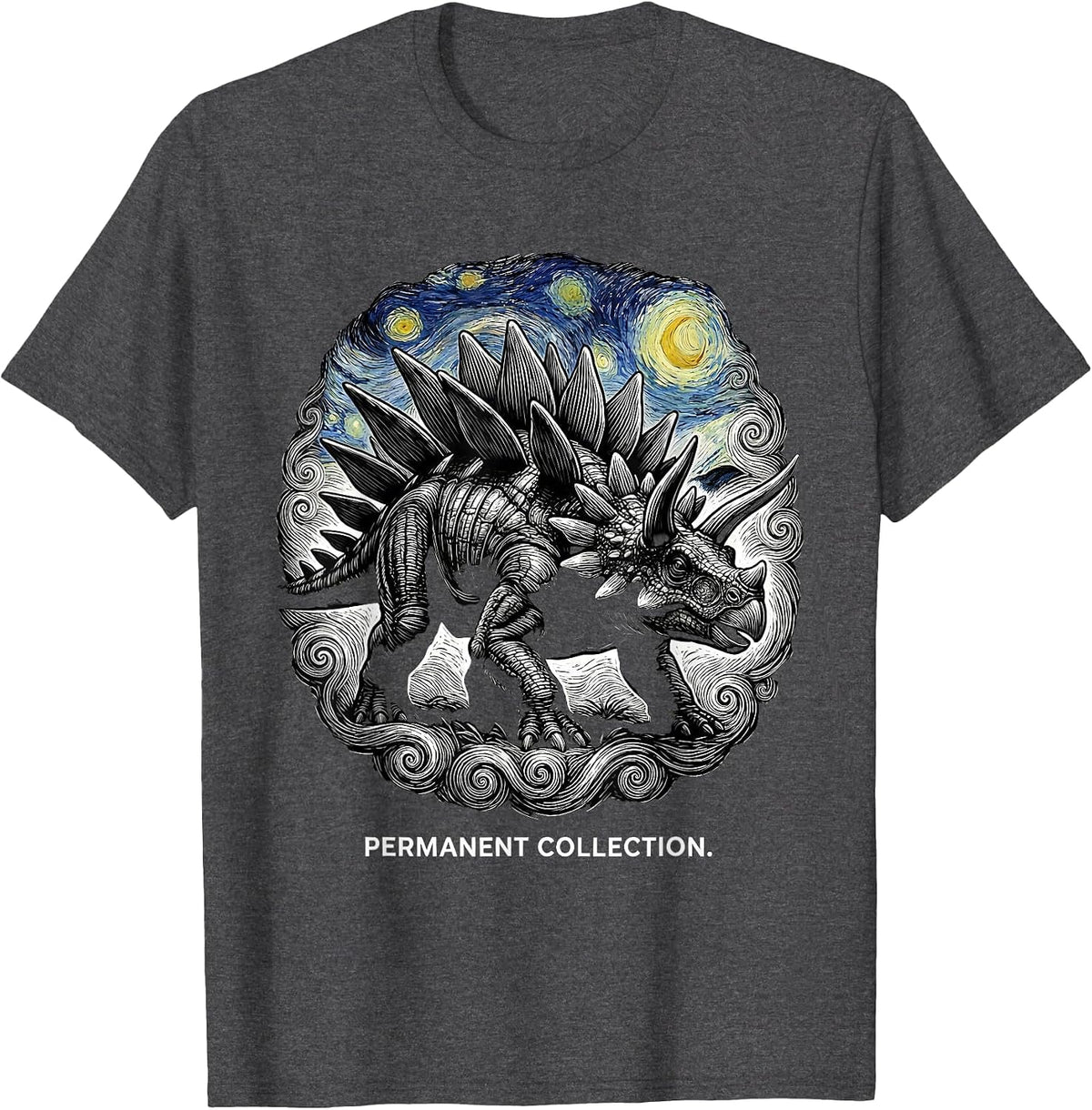 Men's Permanent Collection Ankylosaurus Starry Night Dinosaur Art T-Shirt - Dark Heather Grey