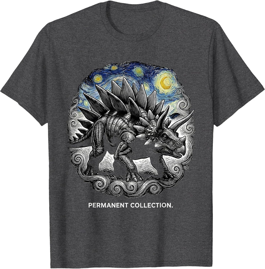 Men's Permanent Collection Ankylosaurus Starry Night Dinosaur Art T-Shirt - Dark Heather Grey