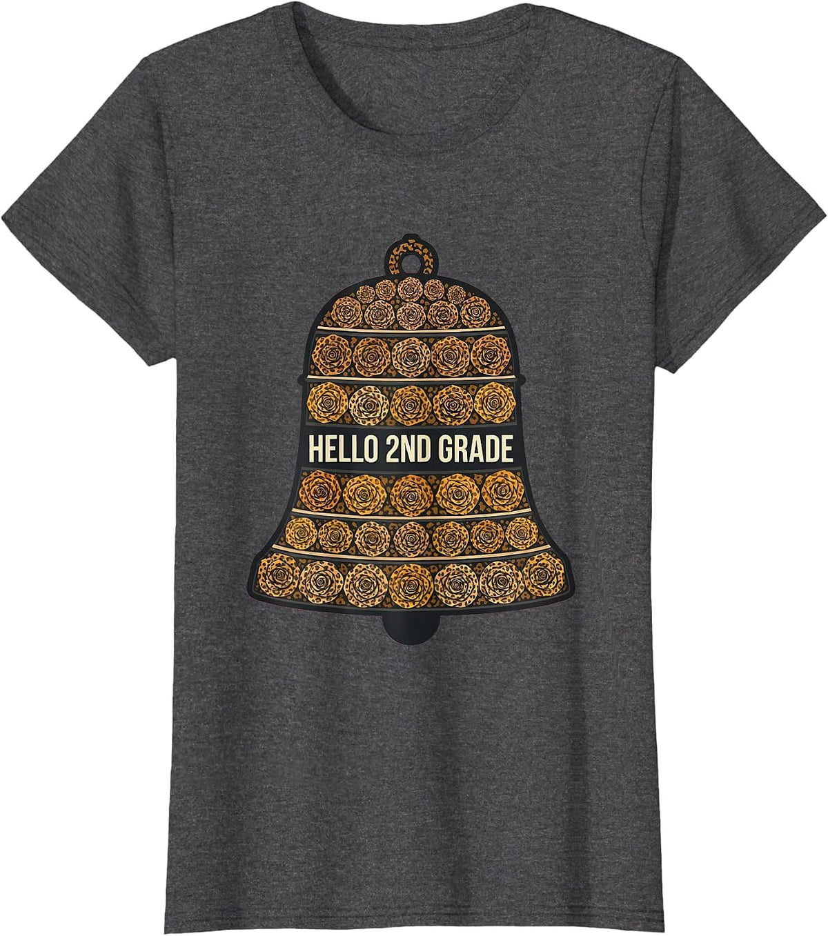 Women's Hello 2nd Grade Leopard Print Teacher Student Back To School T-Shirt - Dark Heather Grey