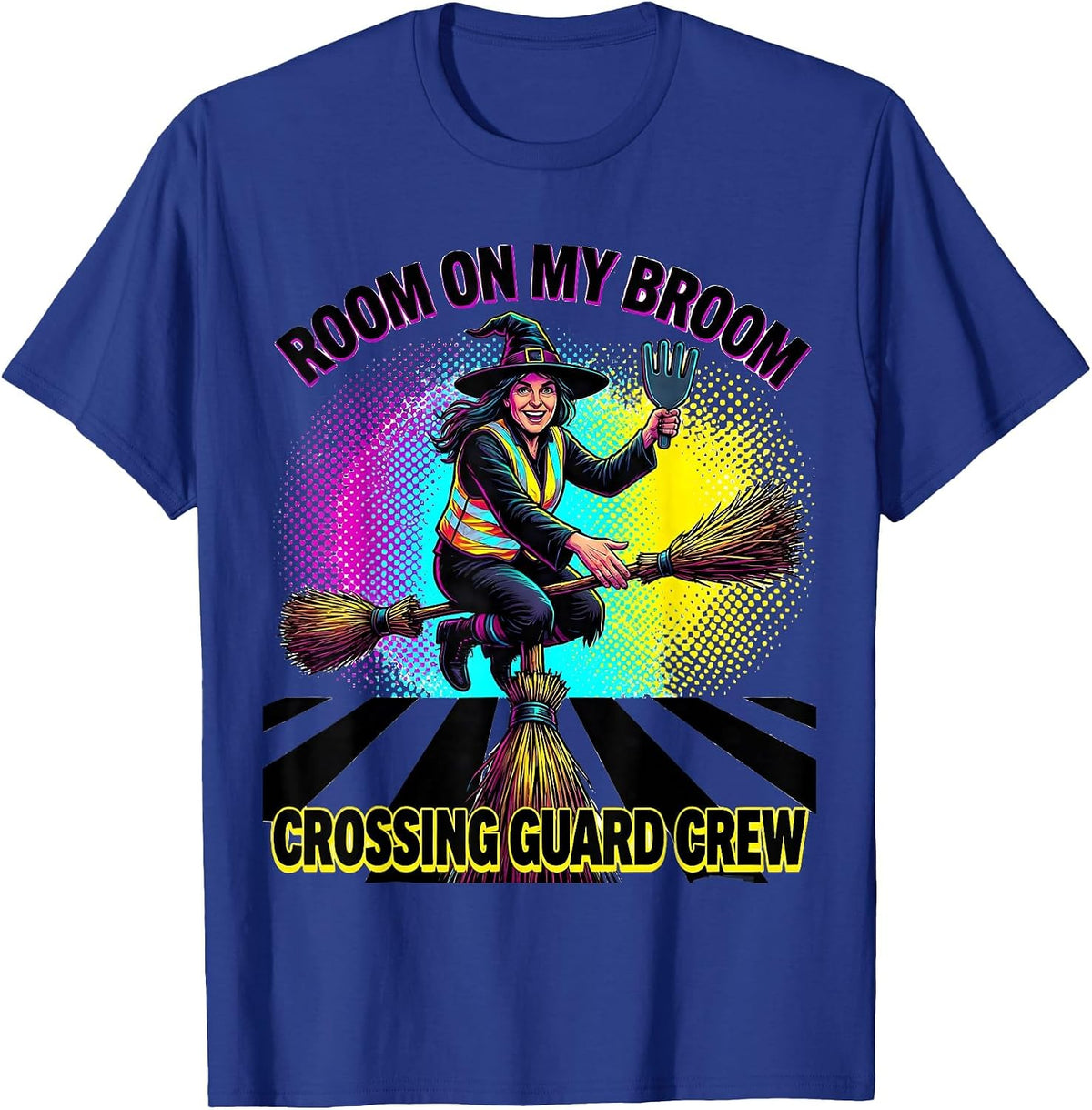 Men's Room On My Broom Crossing Guard Crew Funny Halloween T-Shirt - Royal Blue