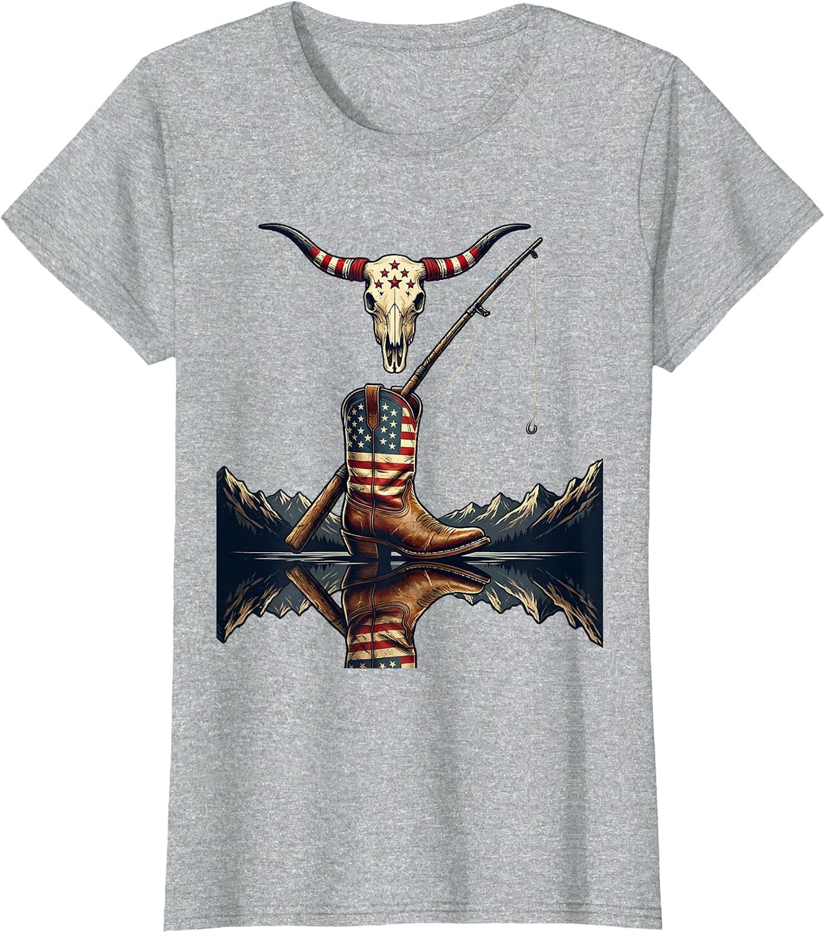 Fishing Rod Cast Over Glassy Mountain Lake T-Shirt - Heather Grey