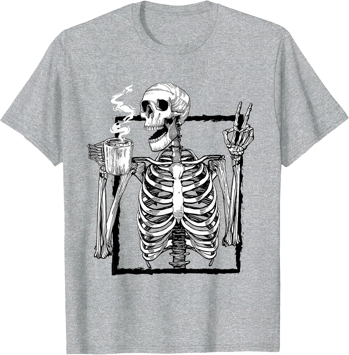 Skeleton Drinking Coffee Peace Halloween Grunge Aesthetic T-Shirt - Heather Grey
